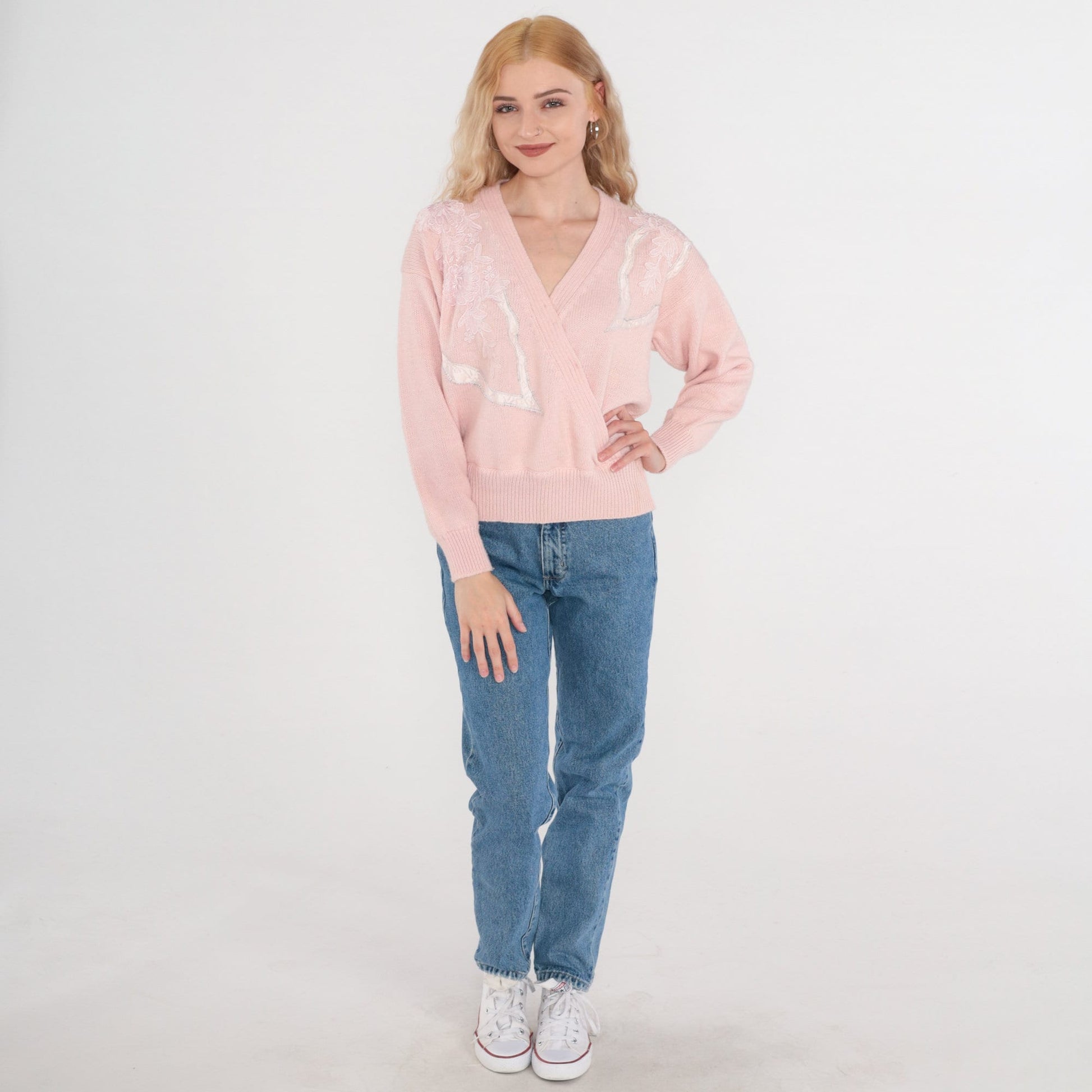 80s Pink Floral Knit Sweater V-Neck Faux Wrap Embroidered Medium M