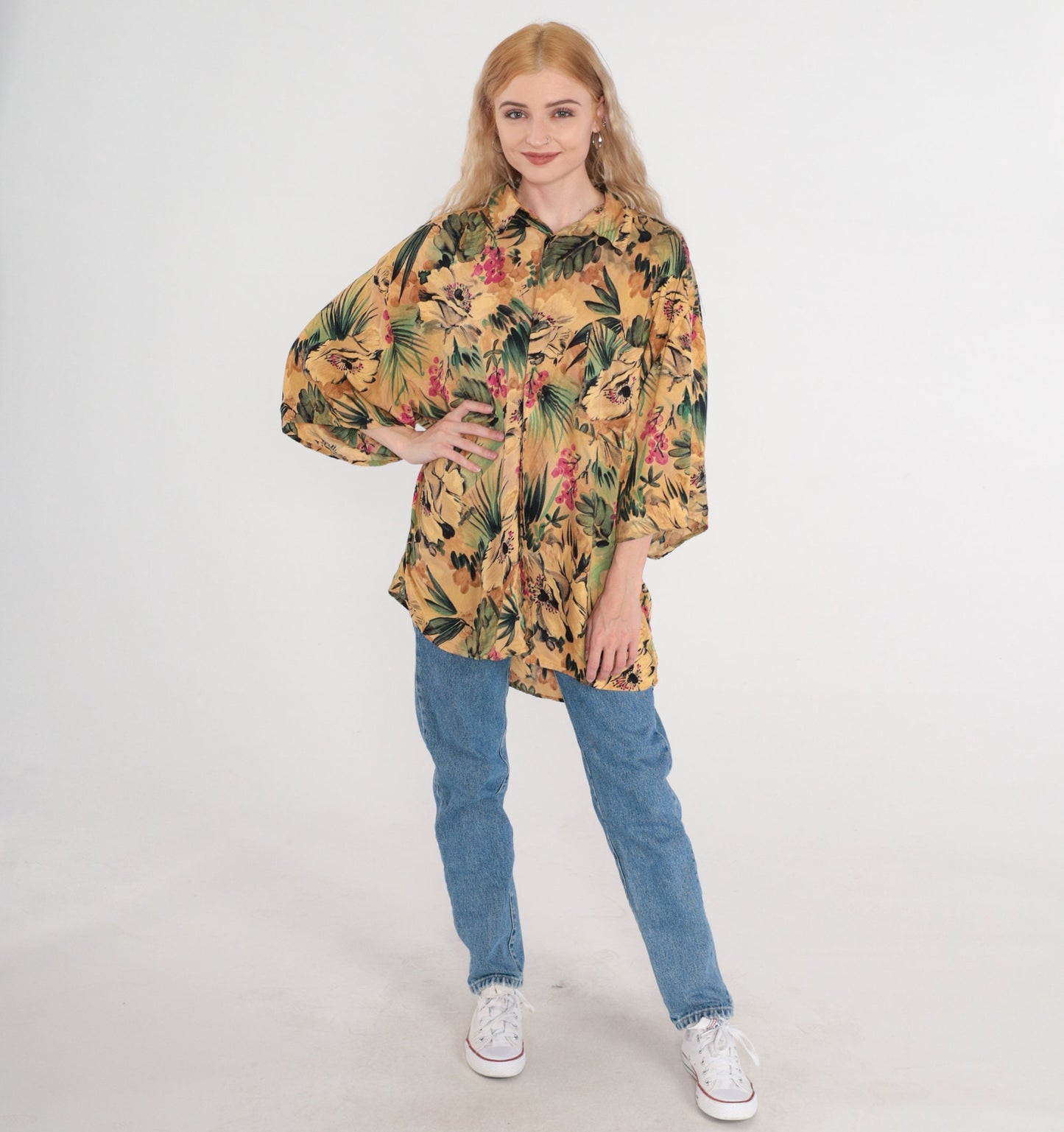 90s Tropical Floral Leaf Print Hawaiian Button-Up Shirt Tan Green Pink Men's XL