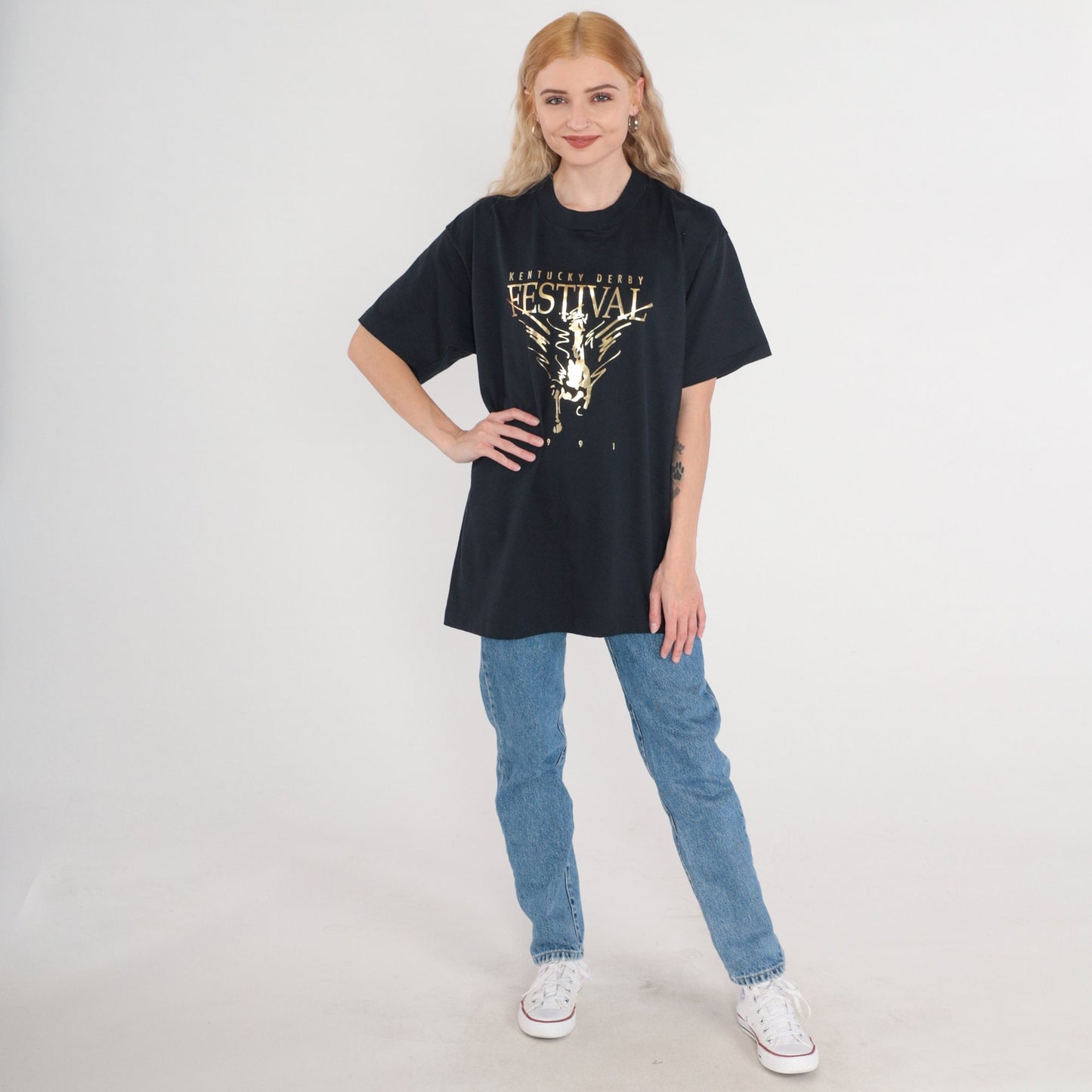 1993 Kentucky Derby Graphic T-Shirt 90s Horse Racing Metallic Black Gold Extra Large XL