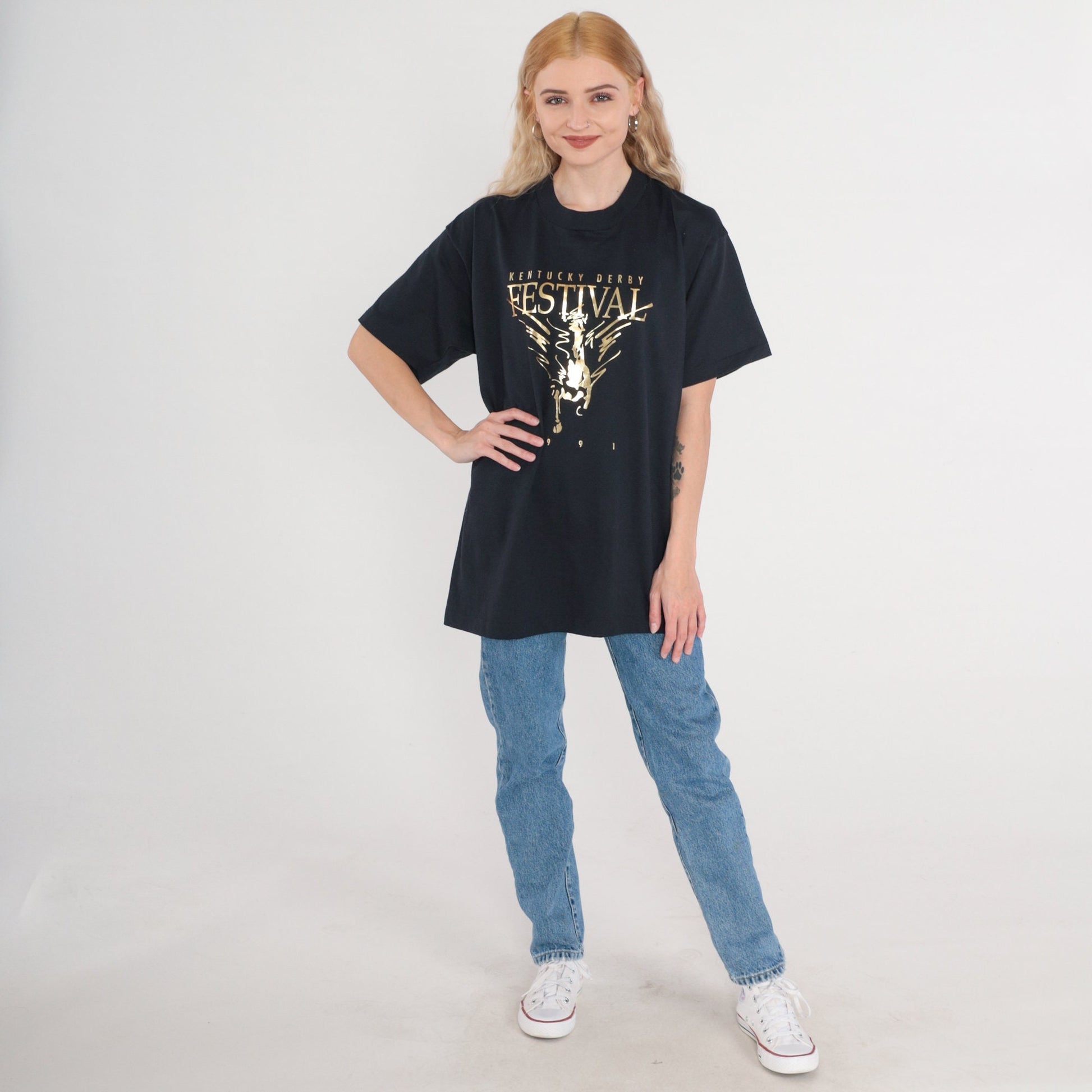 1993 Kentucky Derby Graphic T-Shirt 90s Horse Racing Metallic Black Gold Extra Large XL