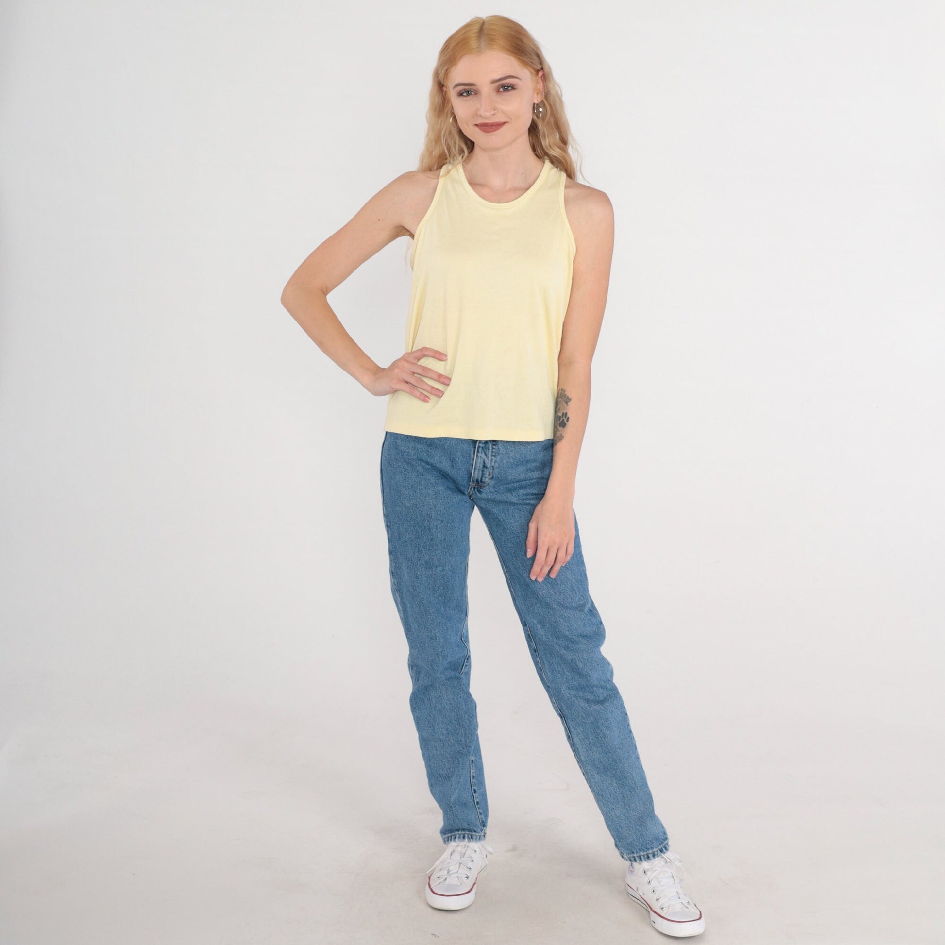 80s Pale Yellow Racerback Tank Top Cotton Blend Single Stitch Small
