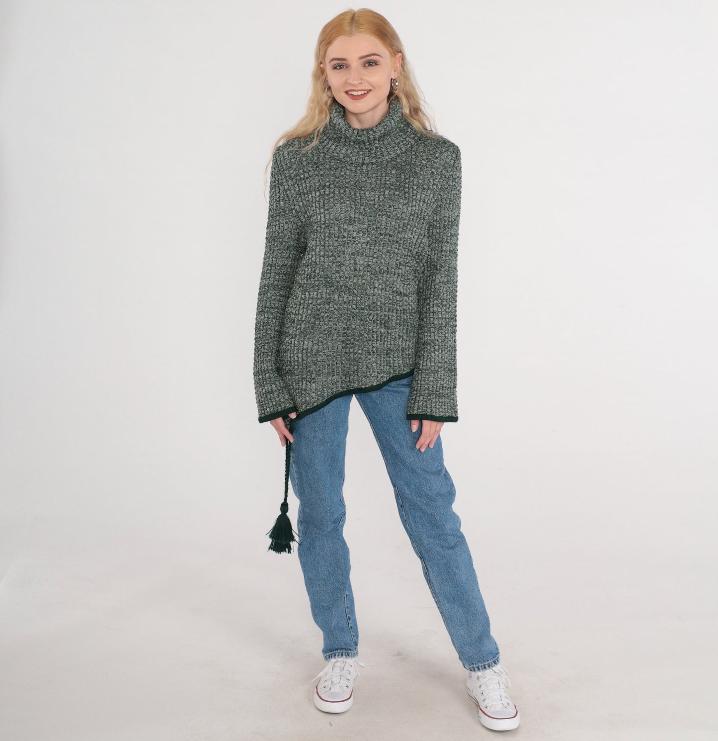 80s Heather Green Wool Blend Turtleneck Sweater Asymmetrical Hem Tassel Medium Large