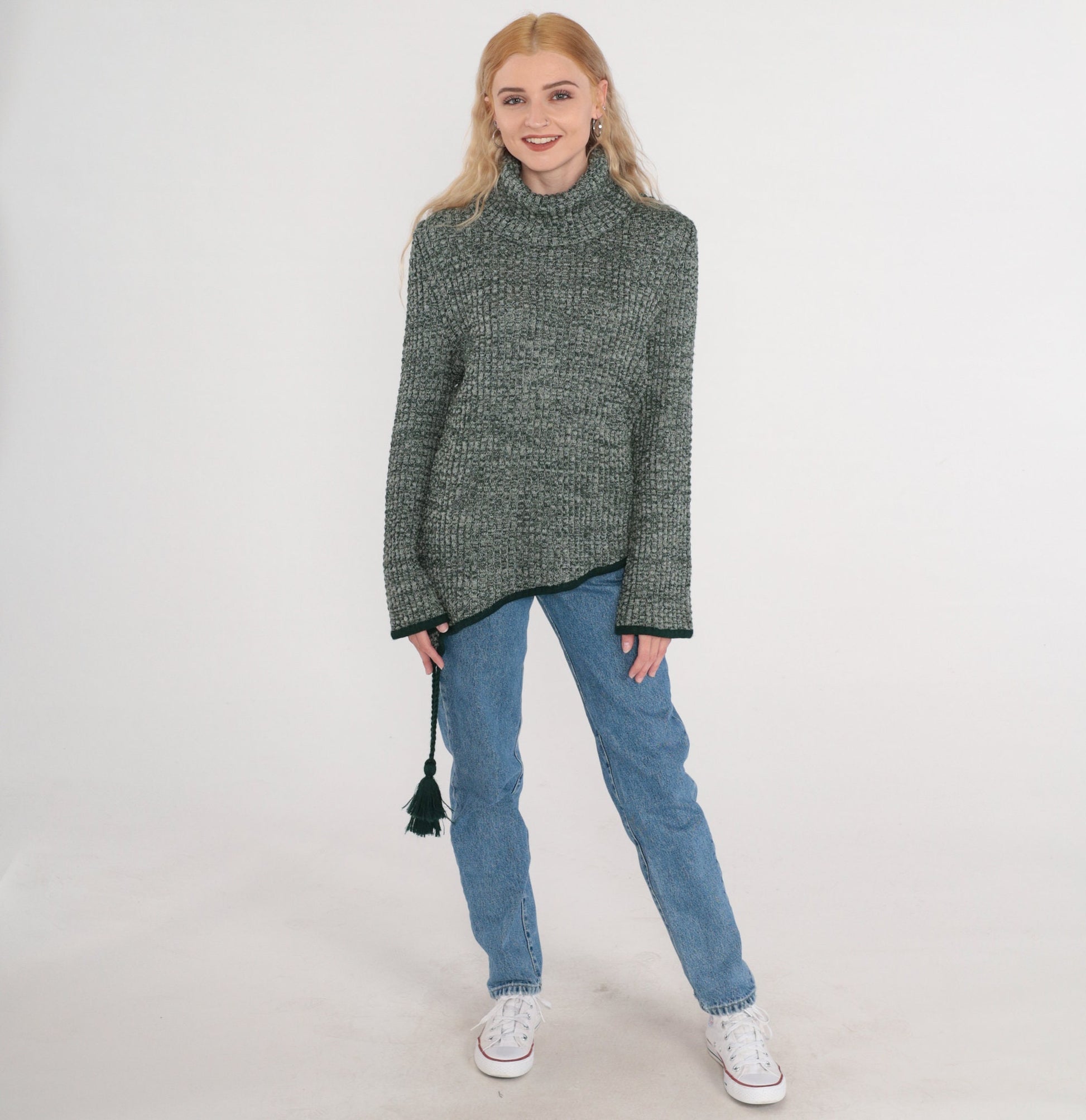 80s Heather Green Wool Blend Turtleneck Sweater Asymmetrical Hem Tassel Medium Large