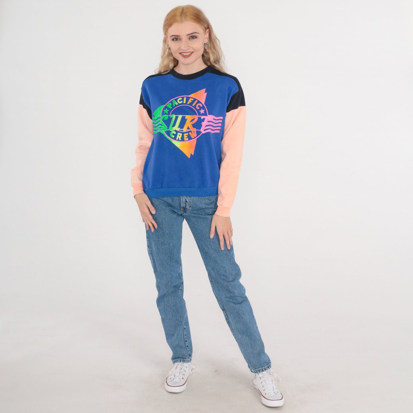 90s Pacific Crew Surf Graphic Sweatshirt Color Block Blue Peach Black Extra Small