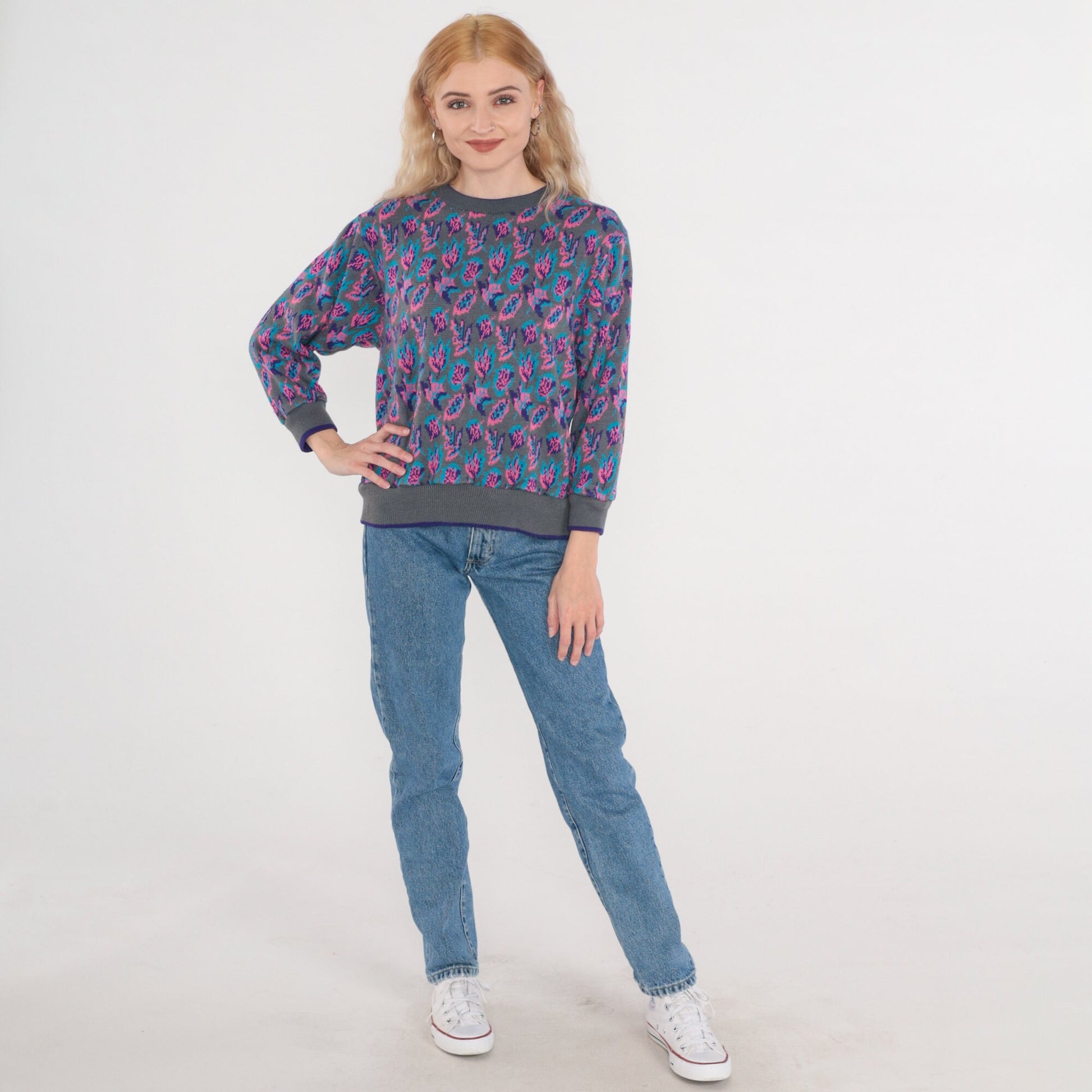 90s Floral Knit Sweater Grey Ringer Crewneck Pink Purple Blue Small