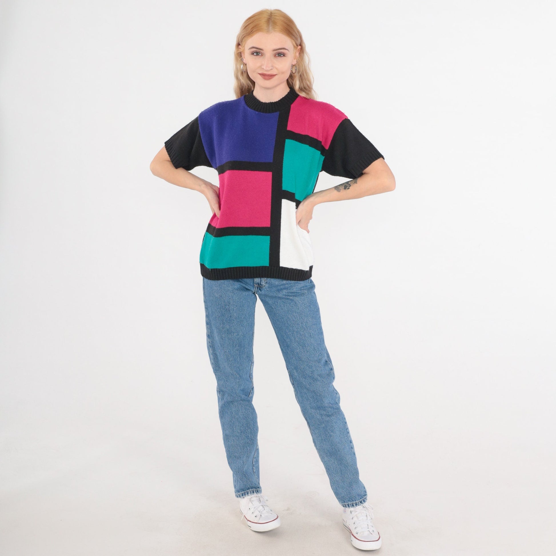 80s Mondrian Color Block Knit Top Short Sleeve Black Pink Purple Green Medium