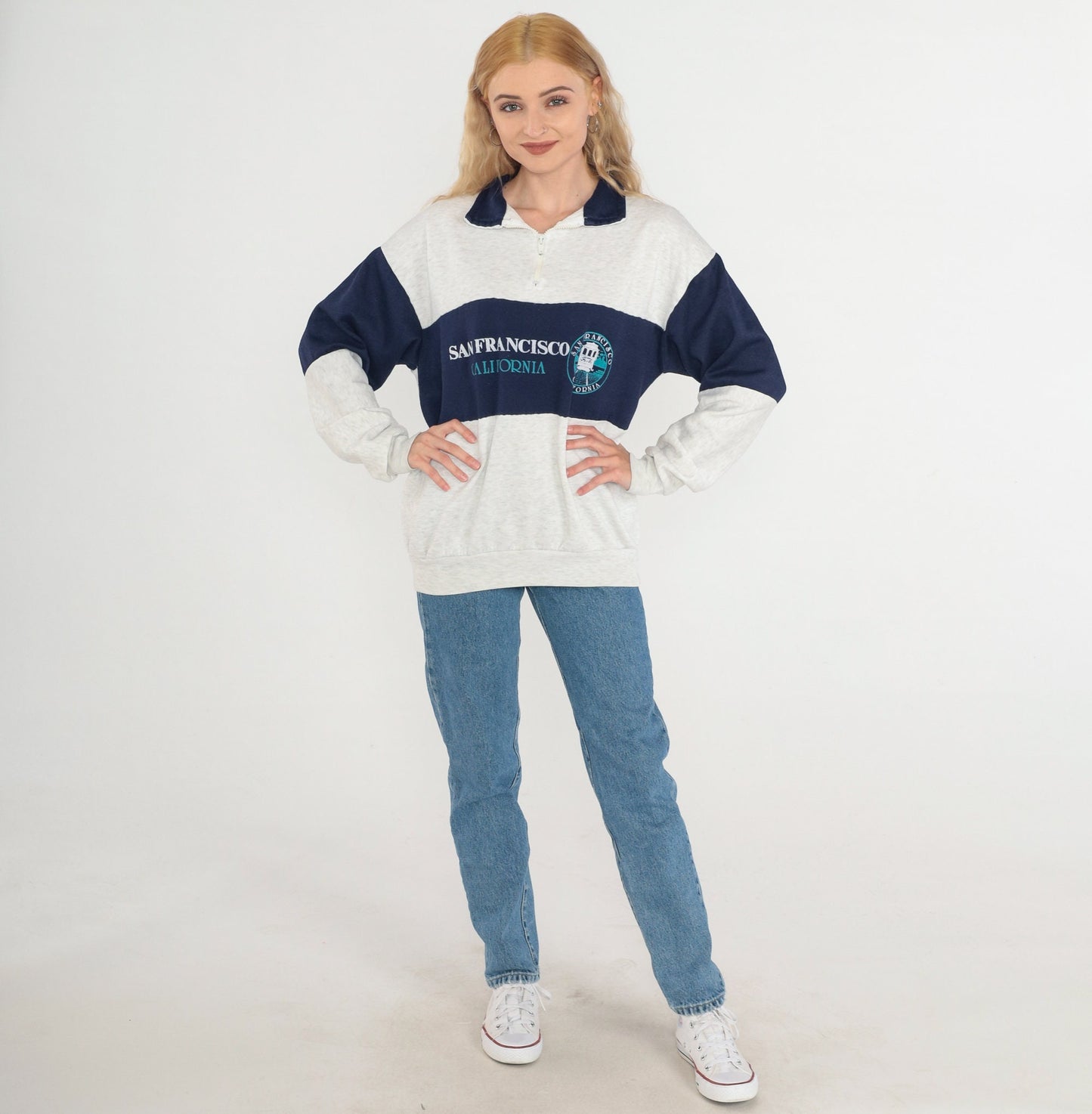 90s San Francisco Cable Car Quarter Zip Sweatshirt Heather Grey Blue Medium