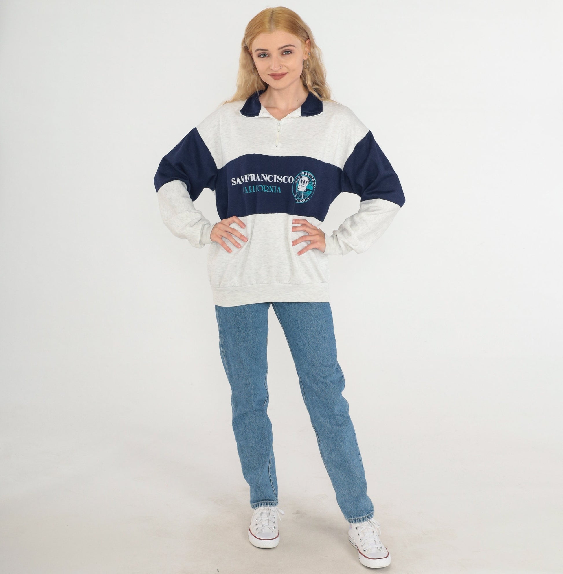 90s San Francisco Cable Car Quarter Zip Sweatshirt Heather Grey Blue Medium