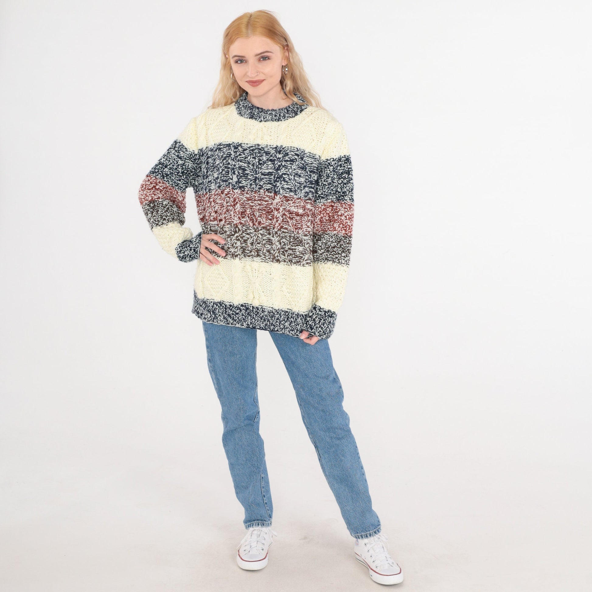 80s Alfie Cable Knit Striped Pullover Sweater Cream Blue Rust Small