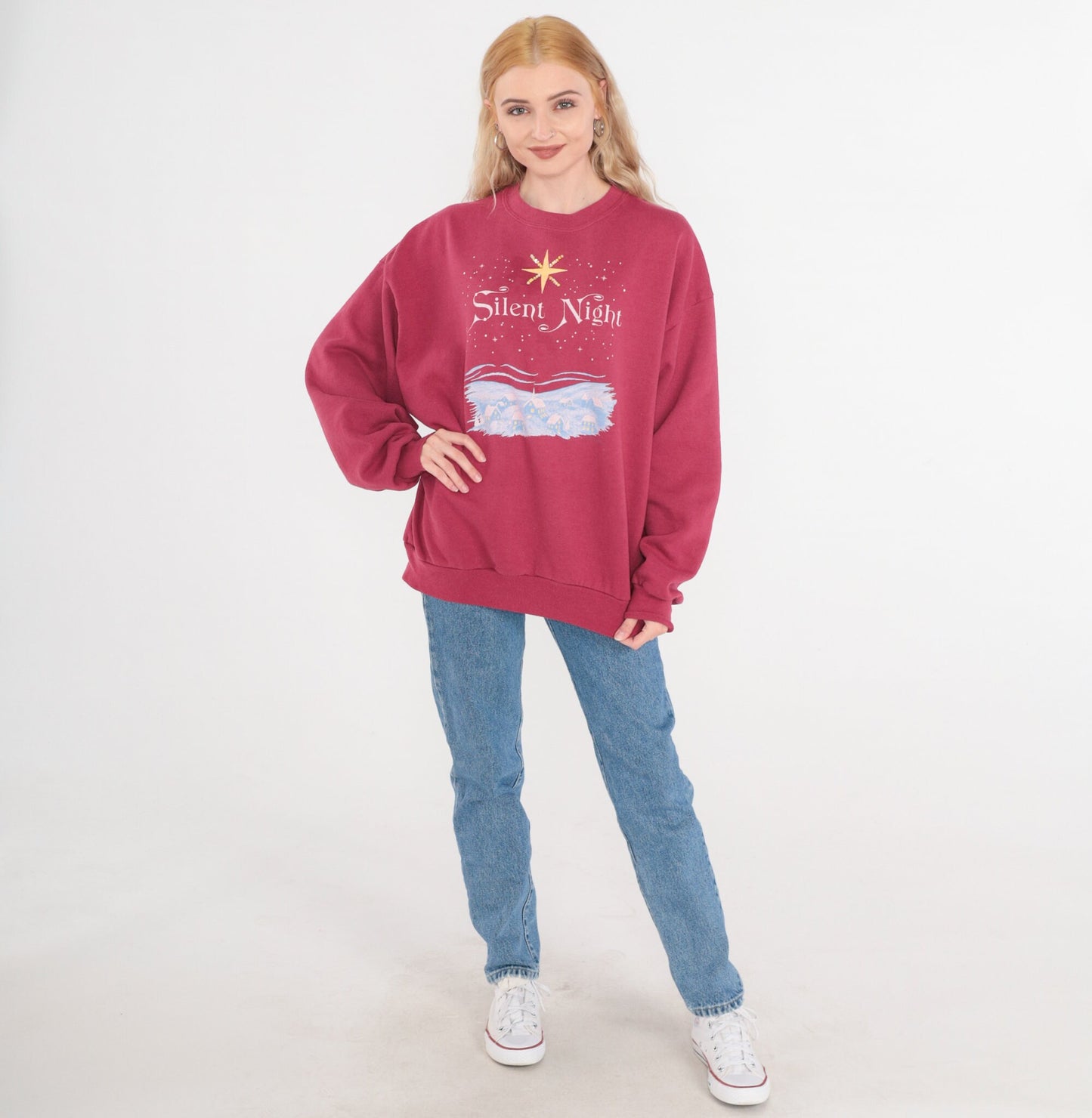 90s Jerzees Silent Night Christmas Sweatshirt Rhinestone Star Magenta XL