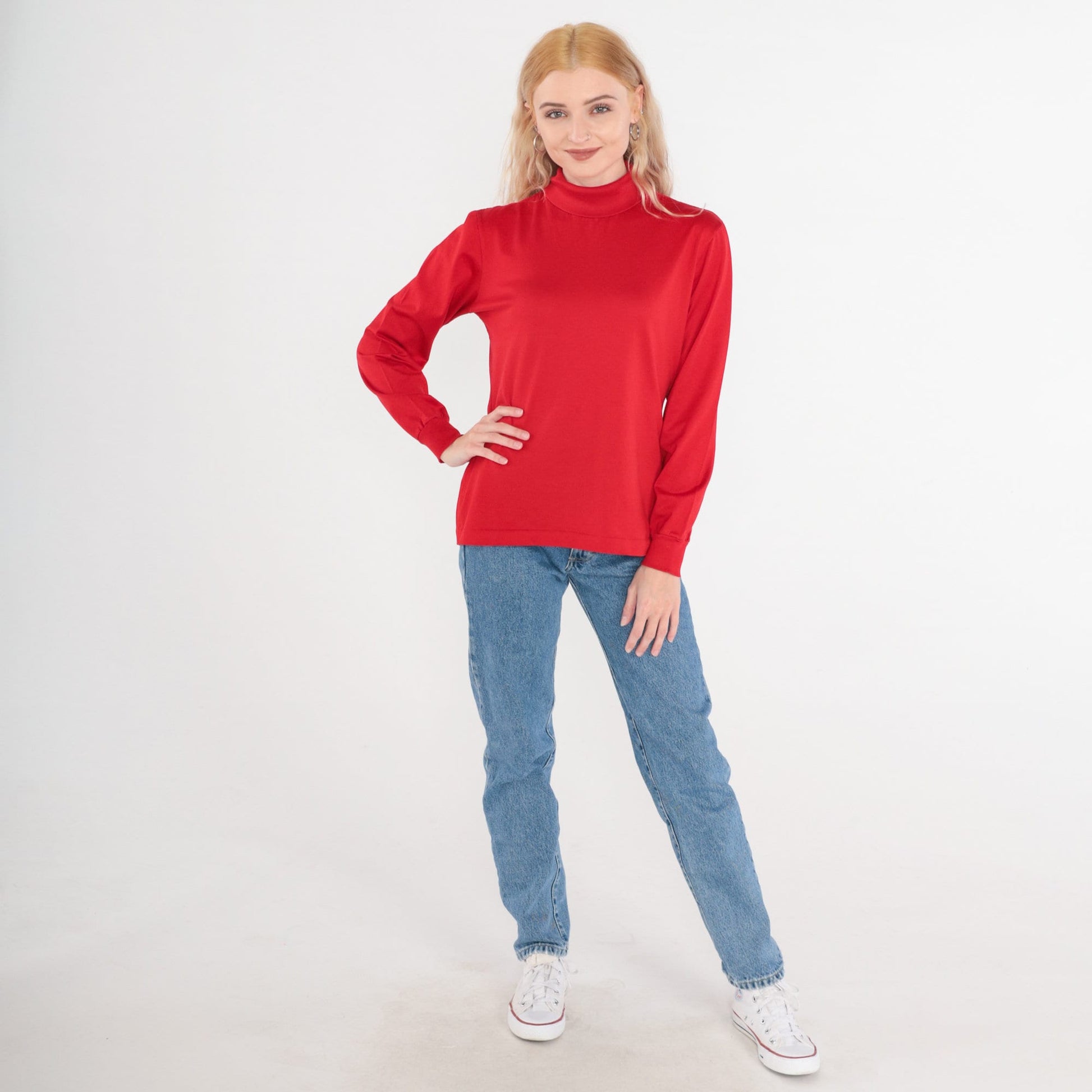 80s Red Turtleneck Long Sleeve Cotton Pullover Medium
