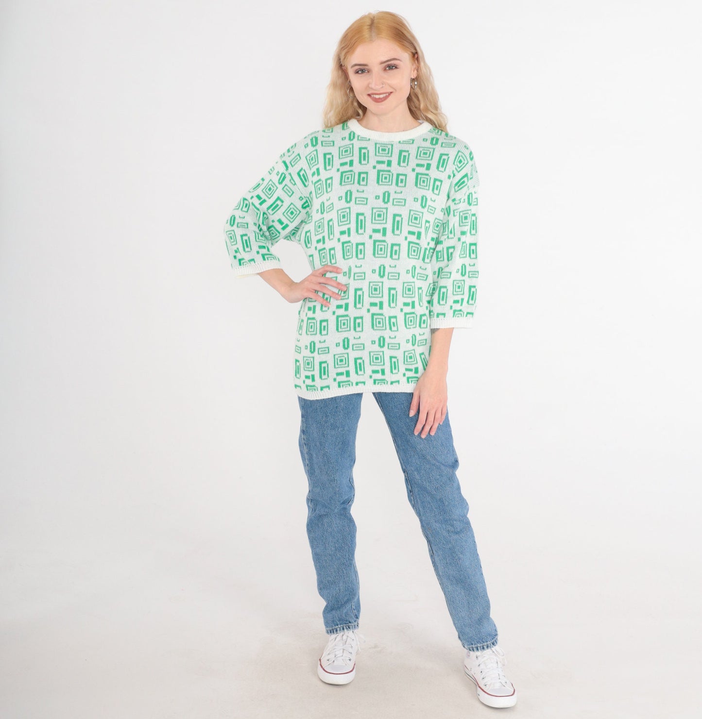 80s Helen Harper Geometric Square Knit Sweater White Green 3/4 Sleeve Small