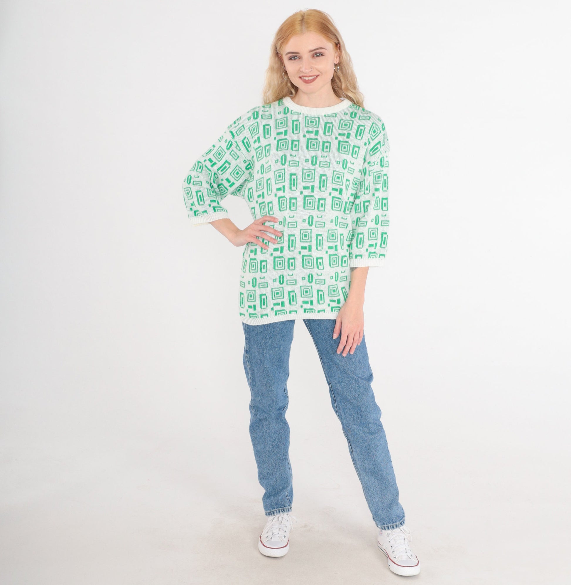80s Helen Harper Geometric Square Knit Sweater White Green 3/4 Sleeve Small