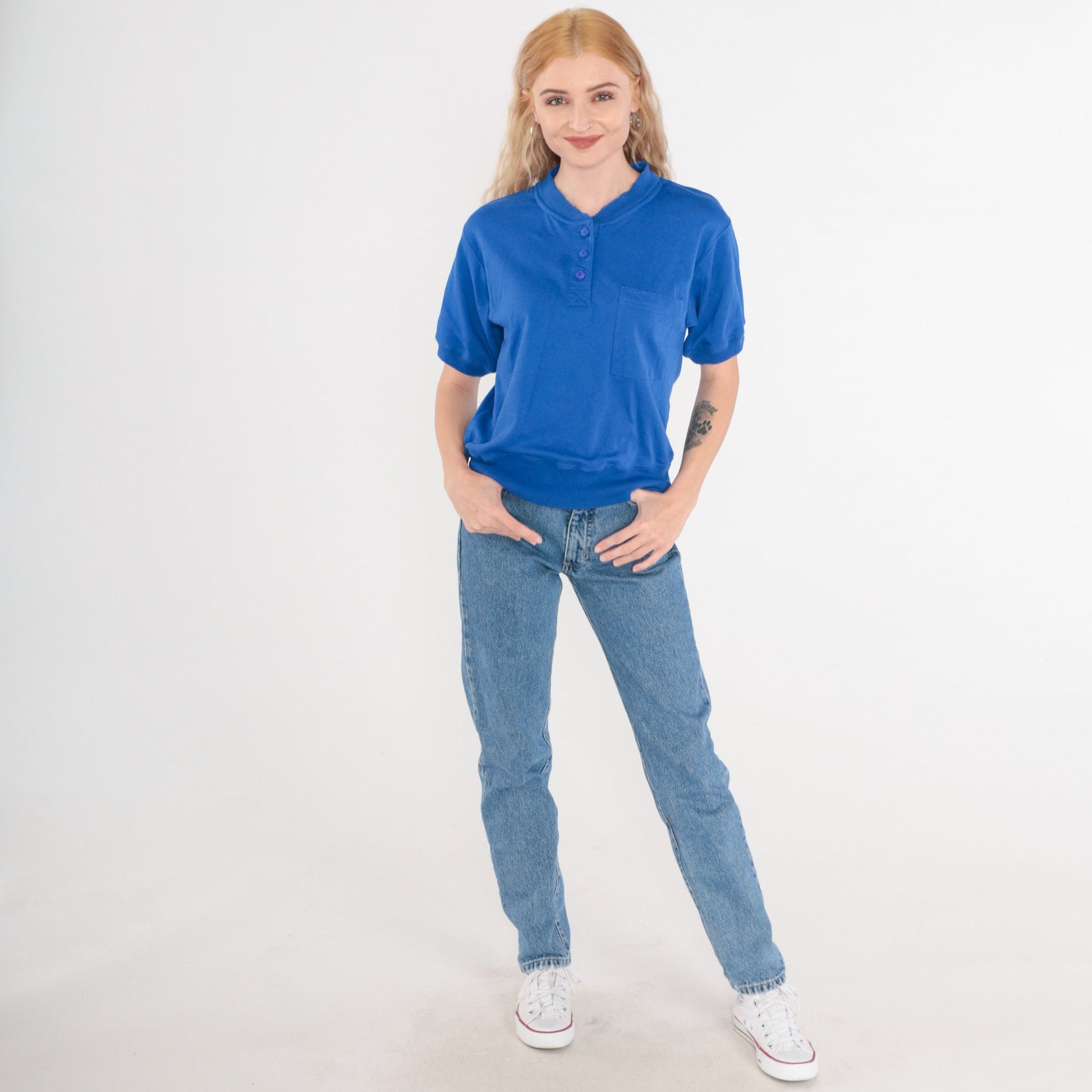 80s Royal Blue Henley Shirt Short Sleeve Banded Hem Small