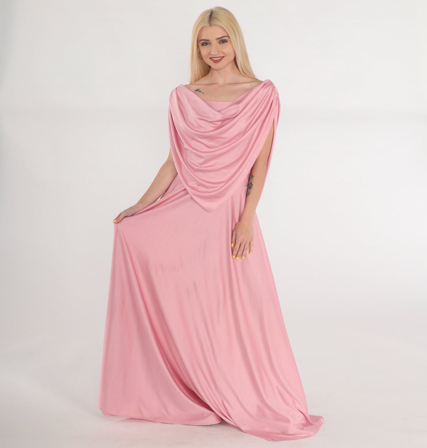 70s Pink Grecian Maxi Dress Off-Shoulder Draped Gown Medium Tall