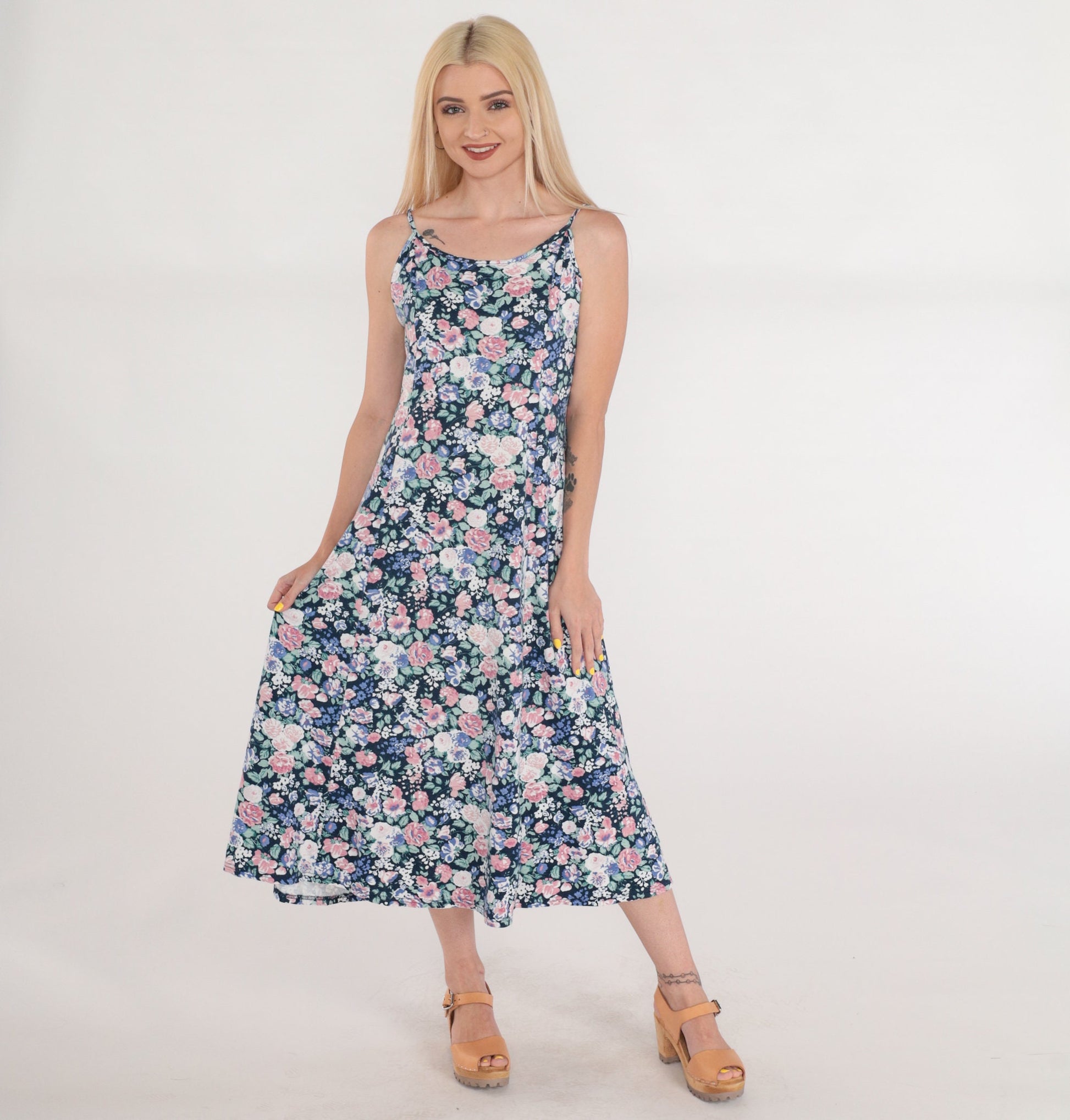 90s Navy Floral Midi Sundress Sleeveless Empire Waist Spaghetti Strap Medium M