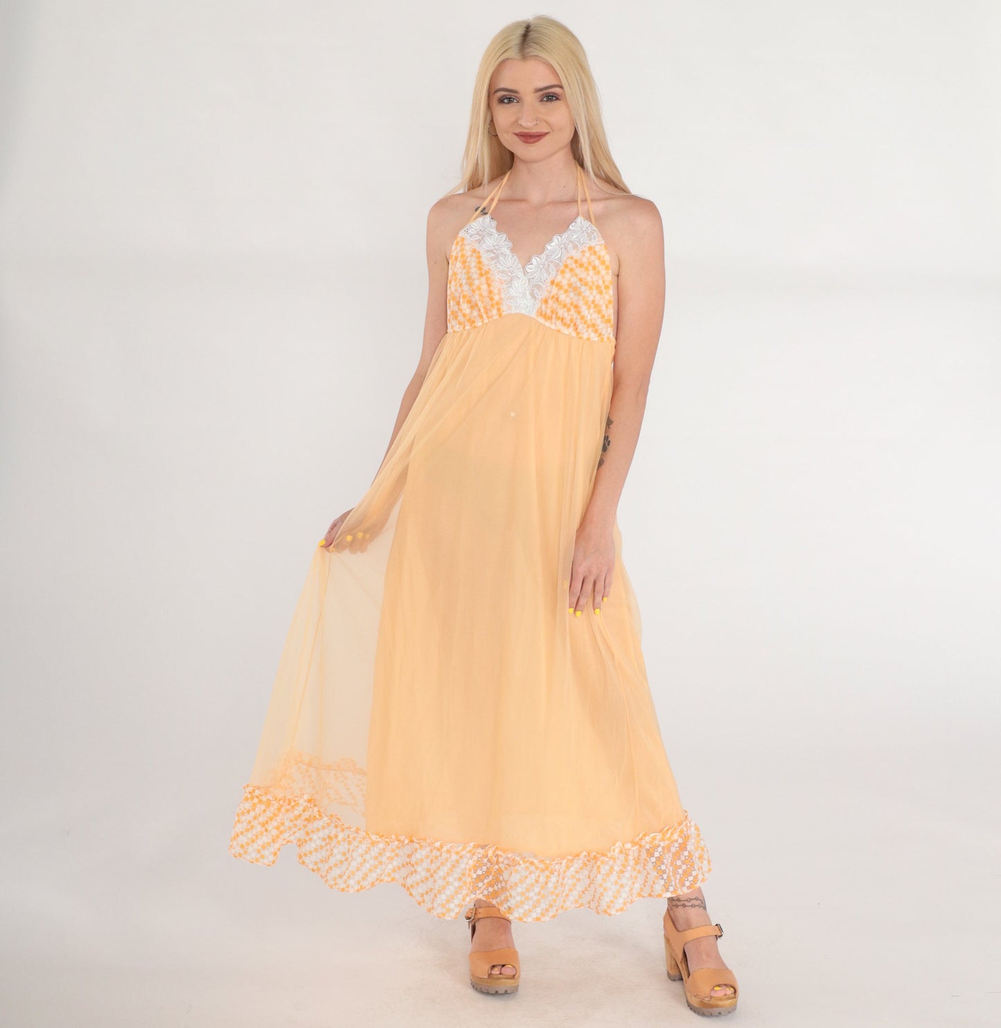 70s Orange Halter Maxi Slip Dress Empire Waist Lace Trim Small