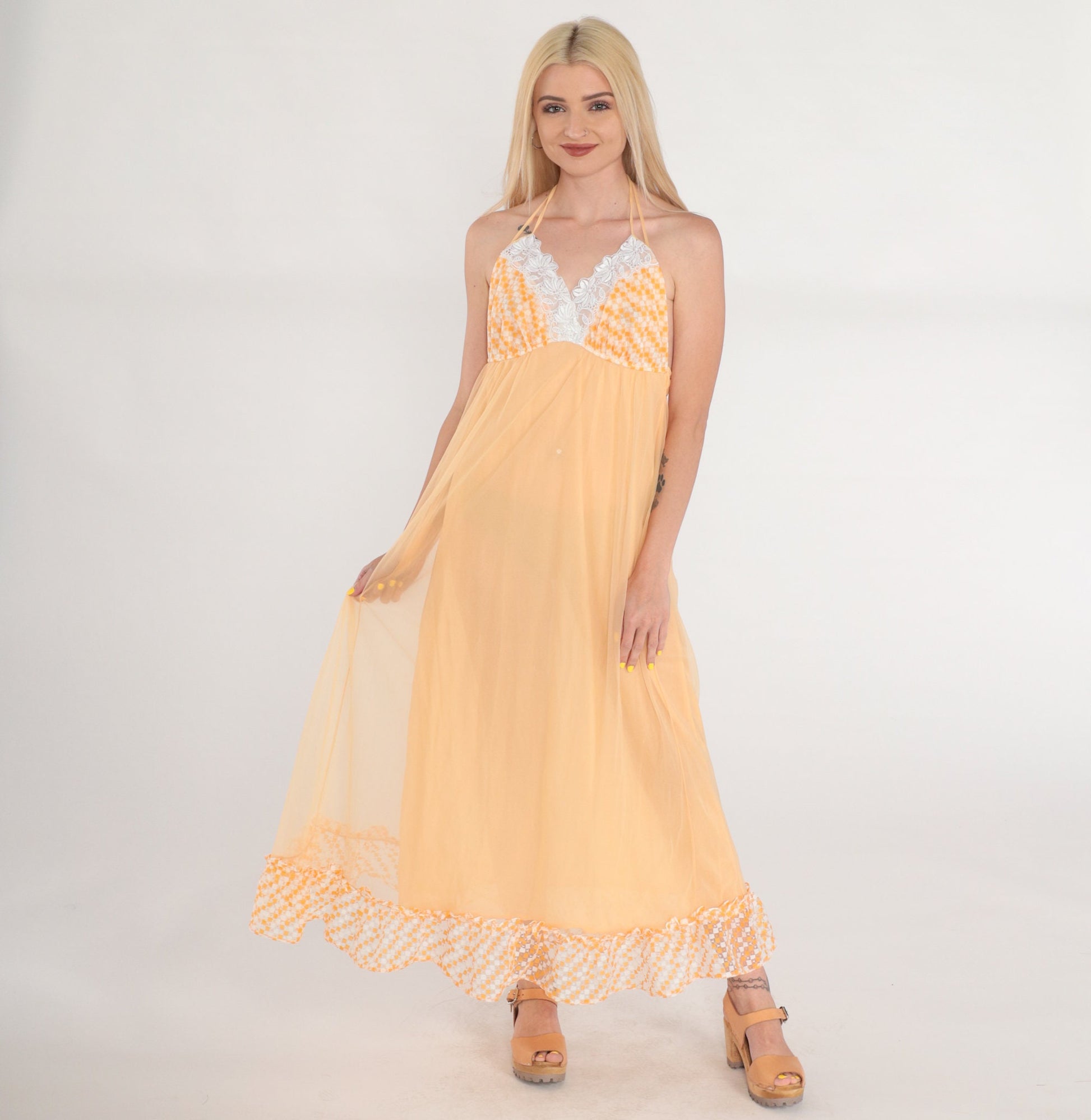 70s Orange Halter Maxi Slip Dress Empire Waist Lace Trim Small