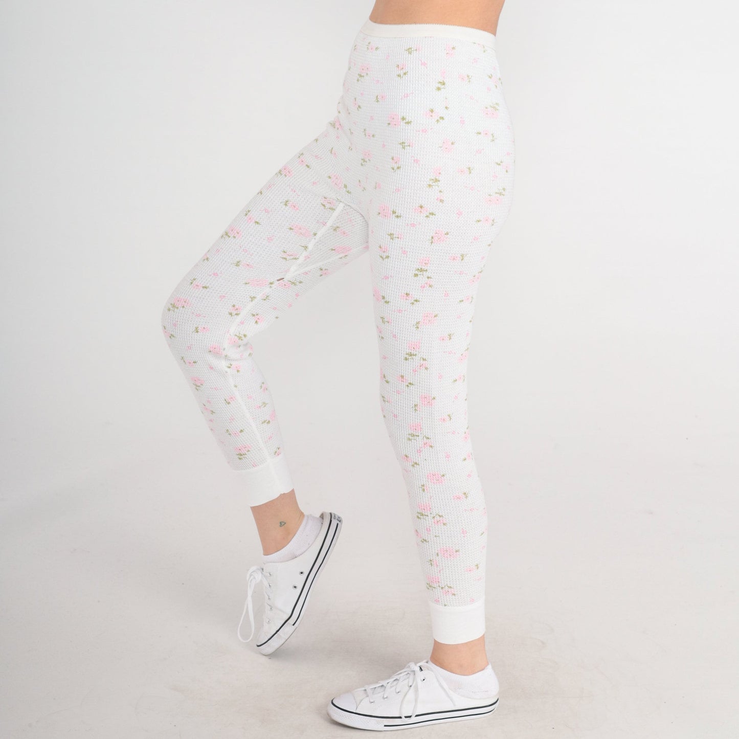 80s Lady Arctex Floral Thermal Pants White Waffle Knit Pink Print XS