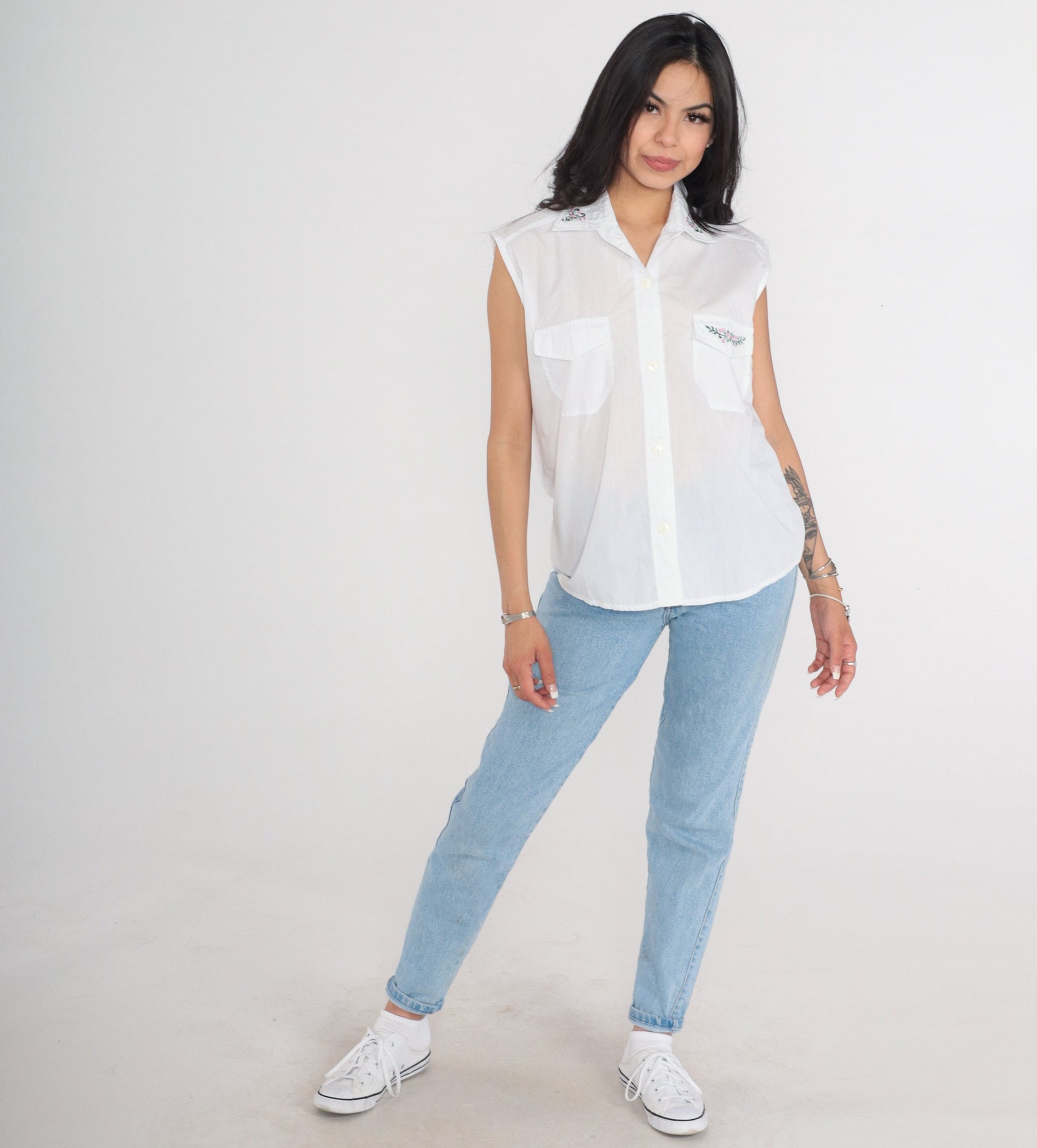 80s White Floral Embroidered Tank Top Button-Up Blouse Medium Large