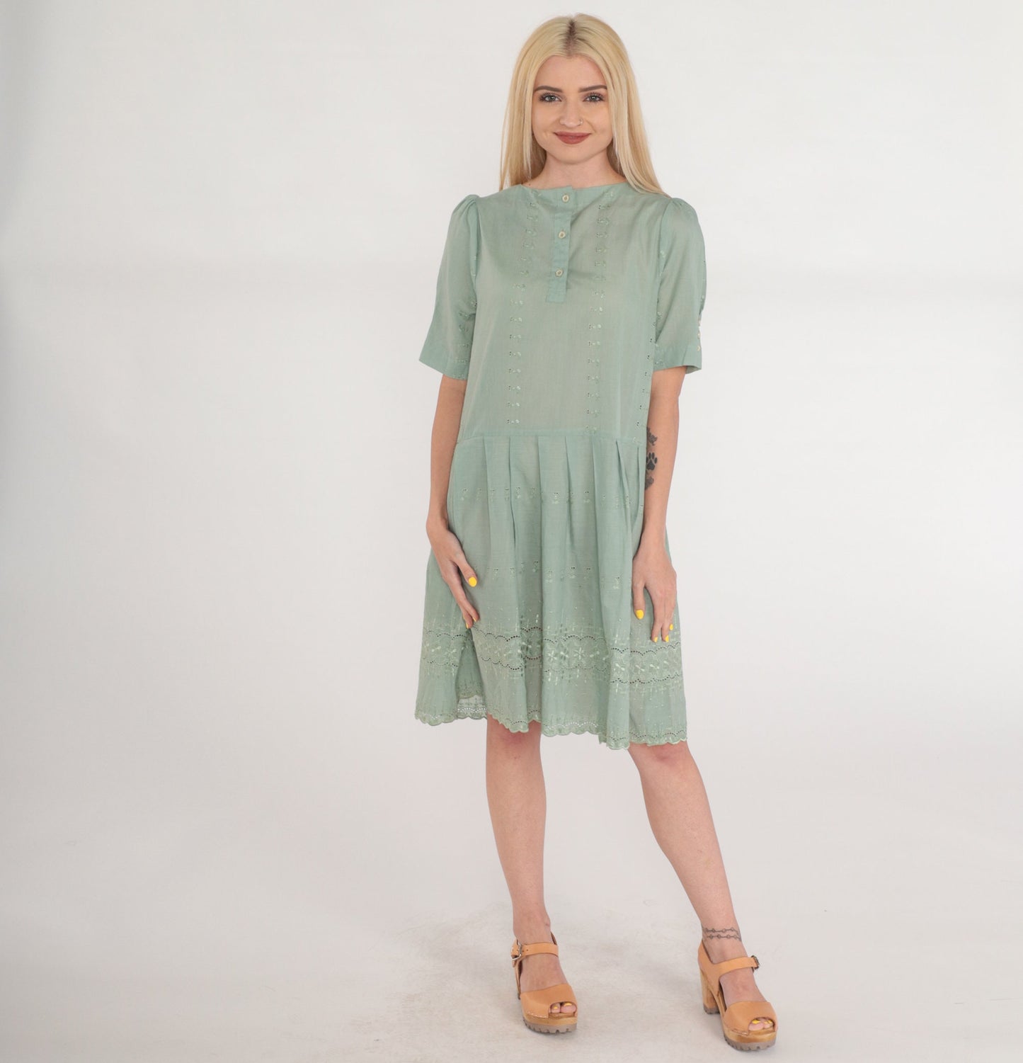 Y2K Green Floral Embroidered Mini Dress Puff Sleeve Criss Cross Back Small