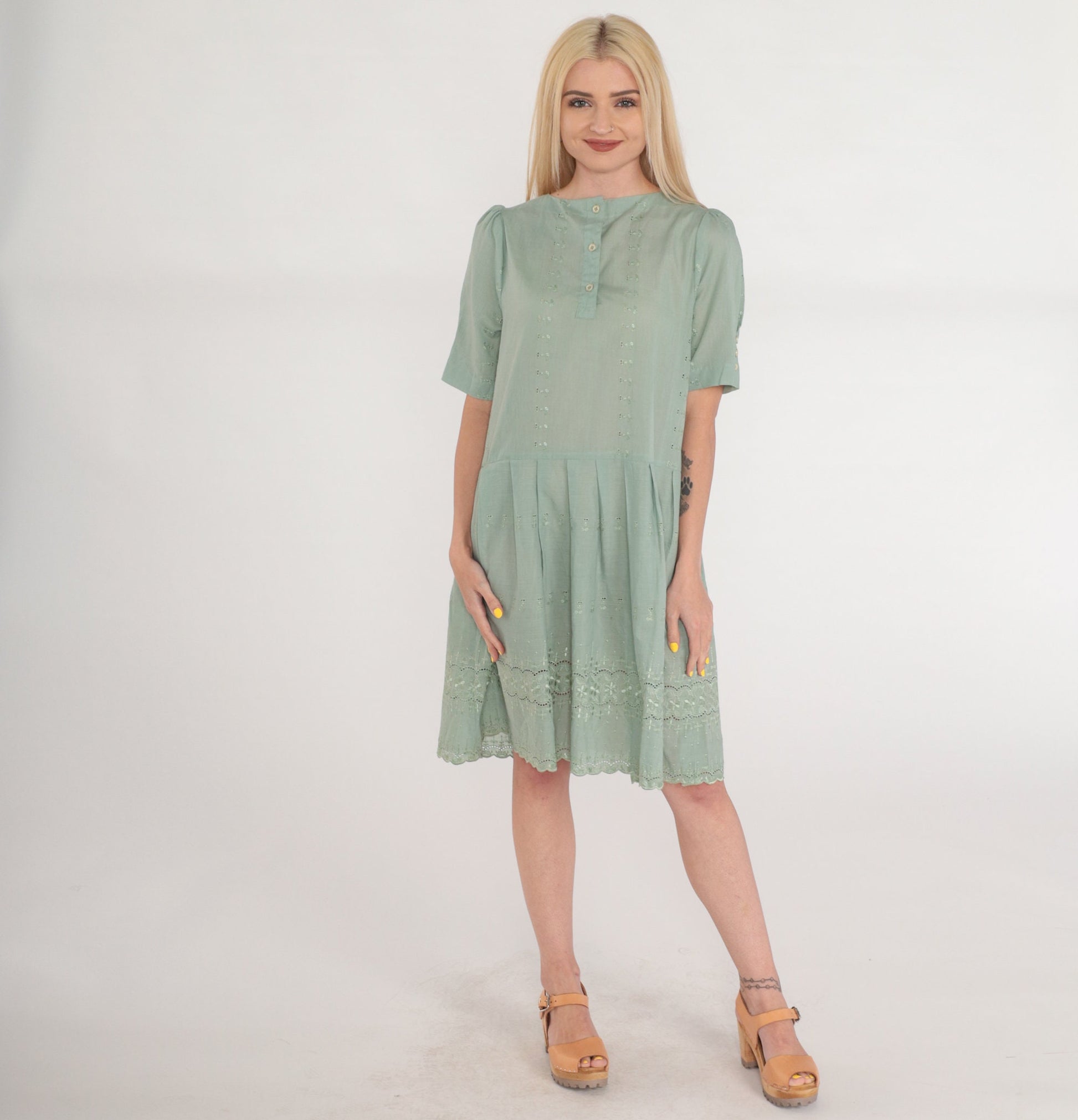 Y2K Green Floral Embroidered Mini Dress Puff Sleeve Criss Cross Back Small