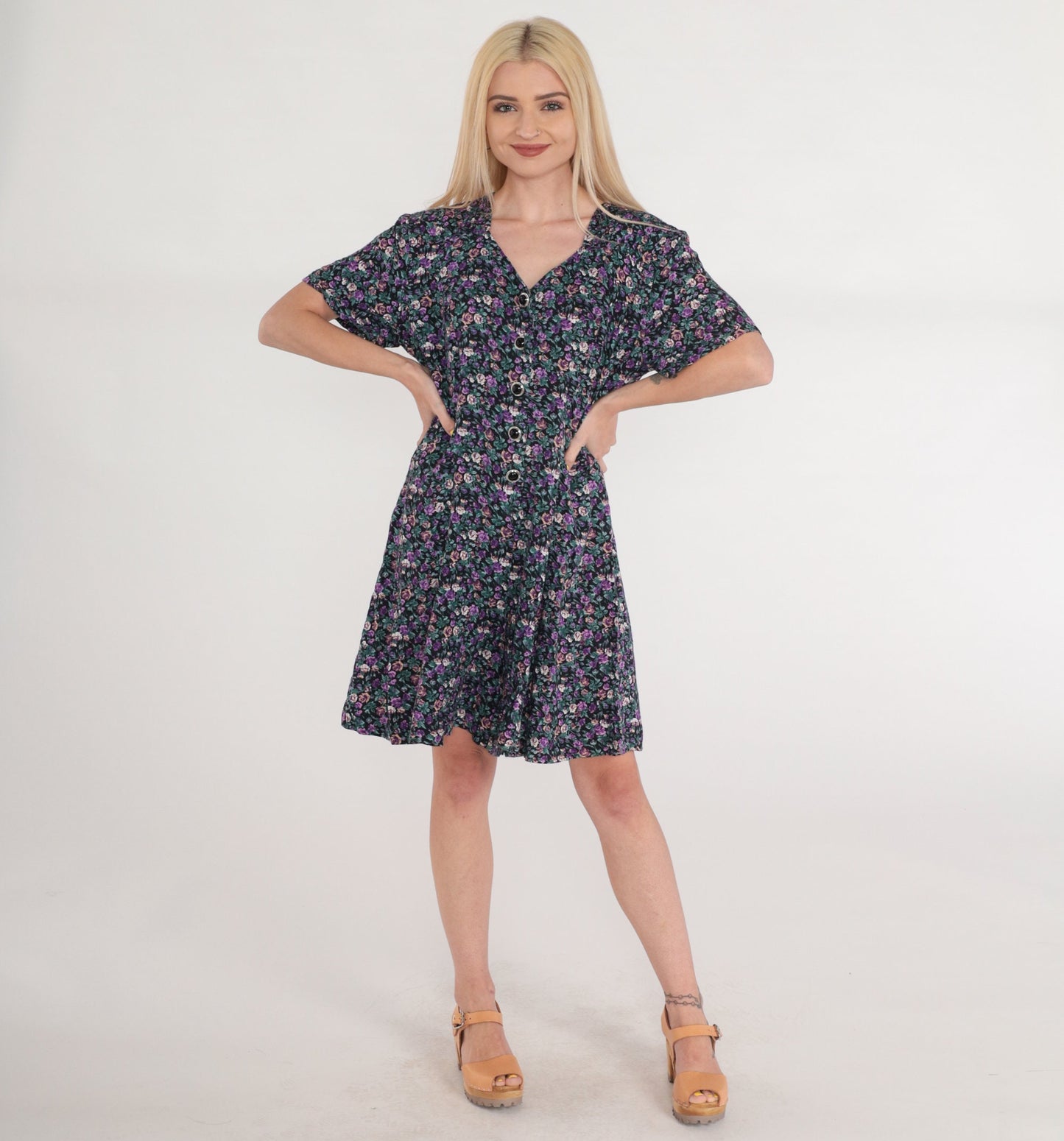 90s Floral Button-Up Romper Wide Leg Shorts Black Purple Medium M
