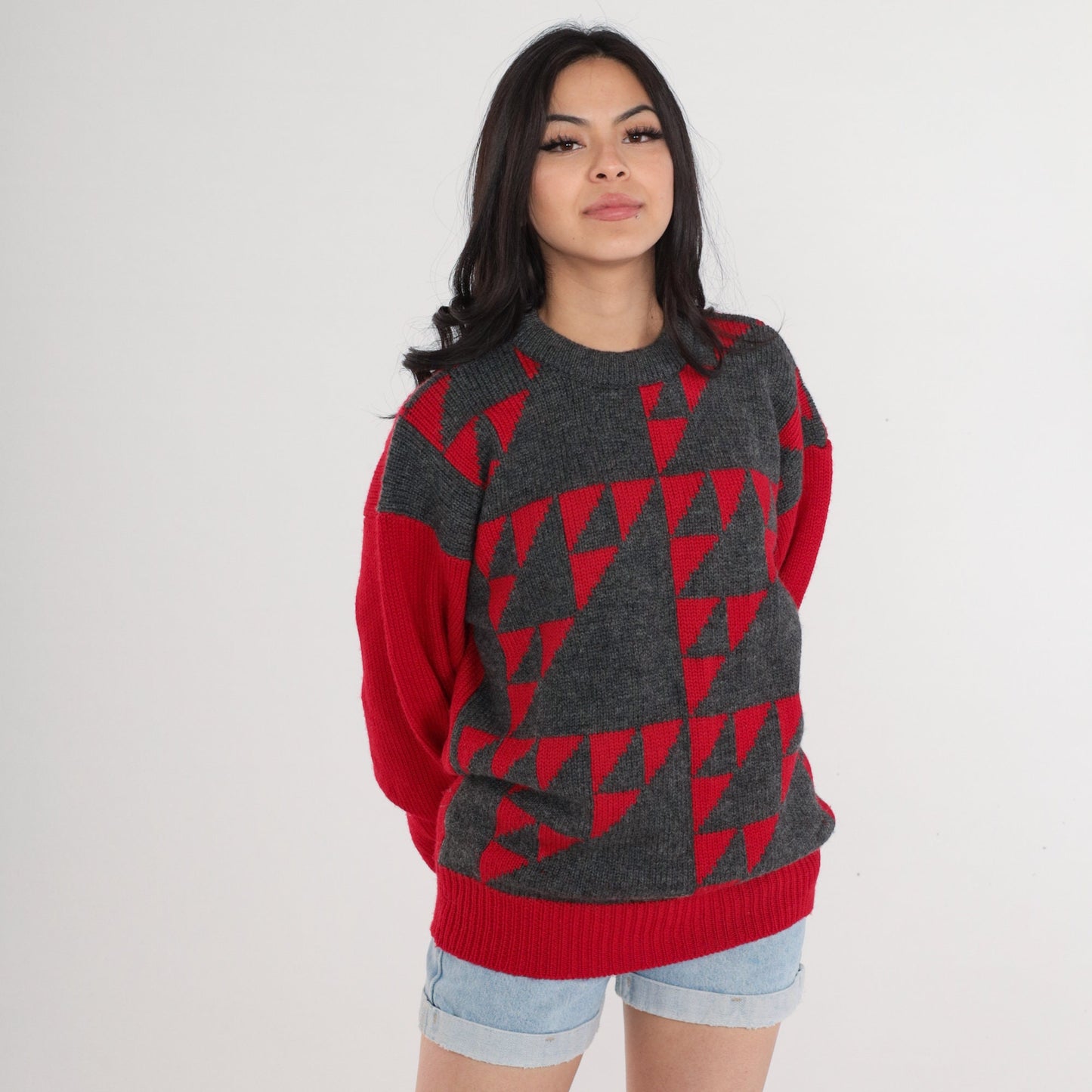 80s Pringle of Scotland Wool Geometric Sweater Red Grey Crewneck Medium