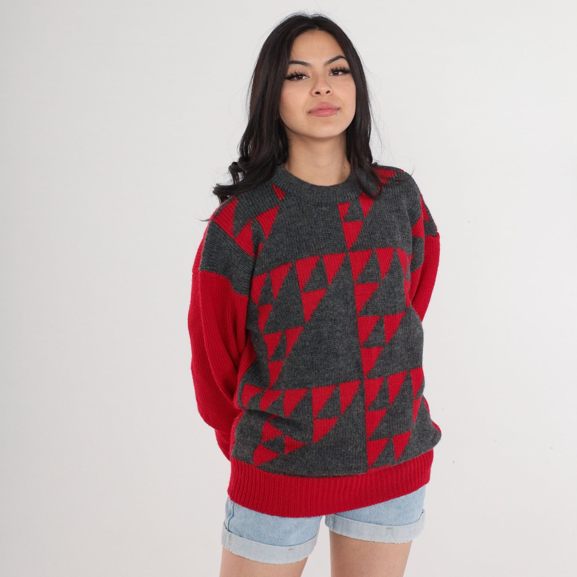 80s Pringle of Scotland Wool Geometric Sweater Red Grey Crewneck Medium