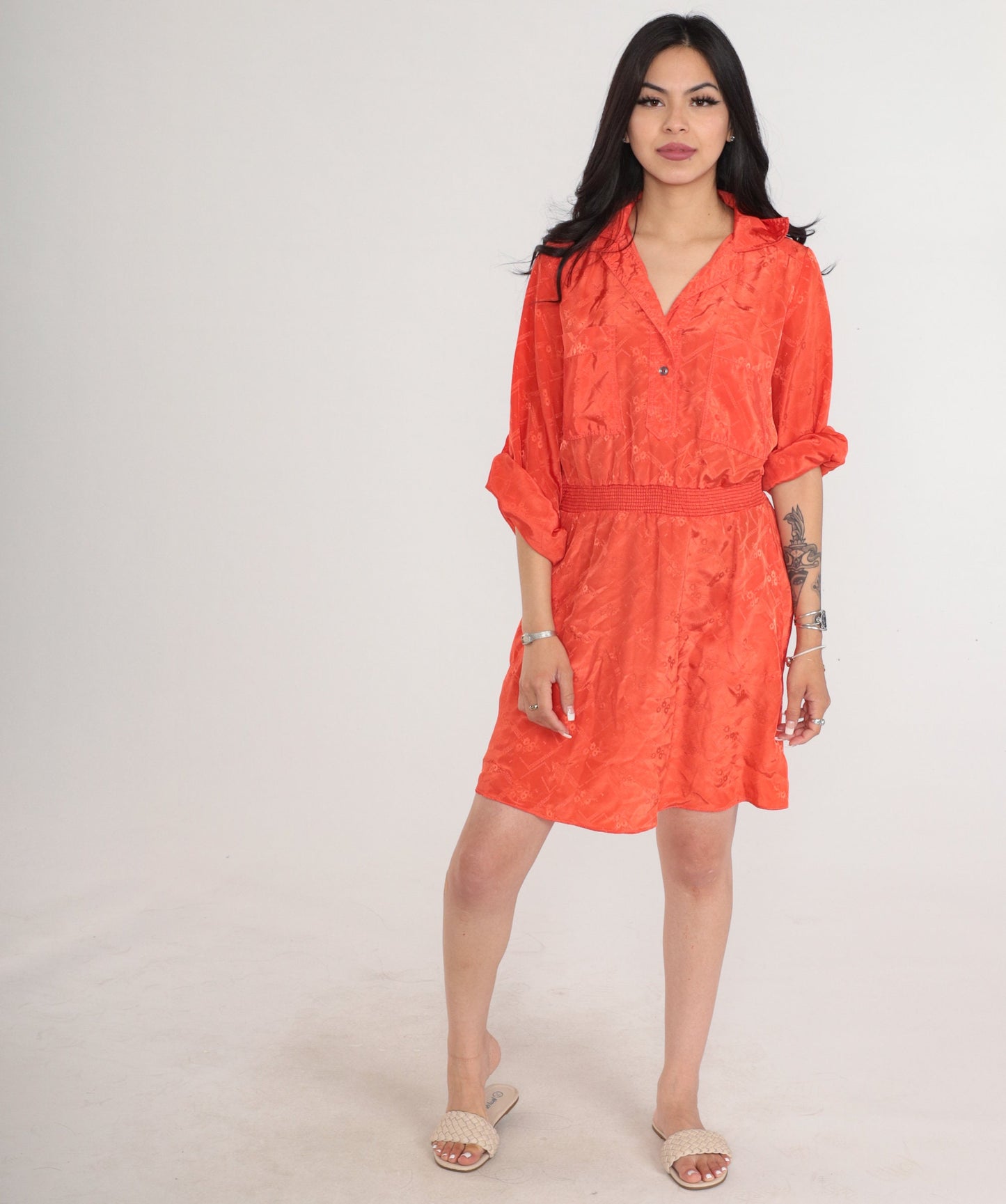 70s Irene Kasmer Orange Floral Blouson Mini Dress Smocked Waist Medium M