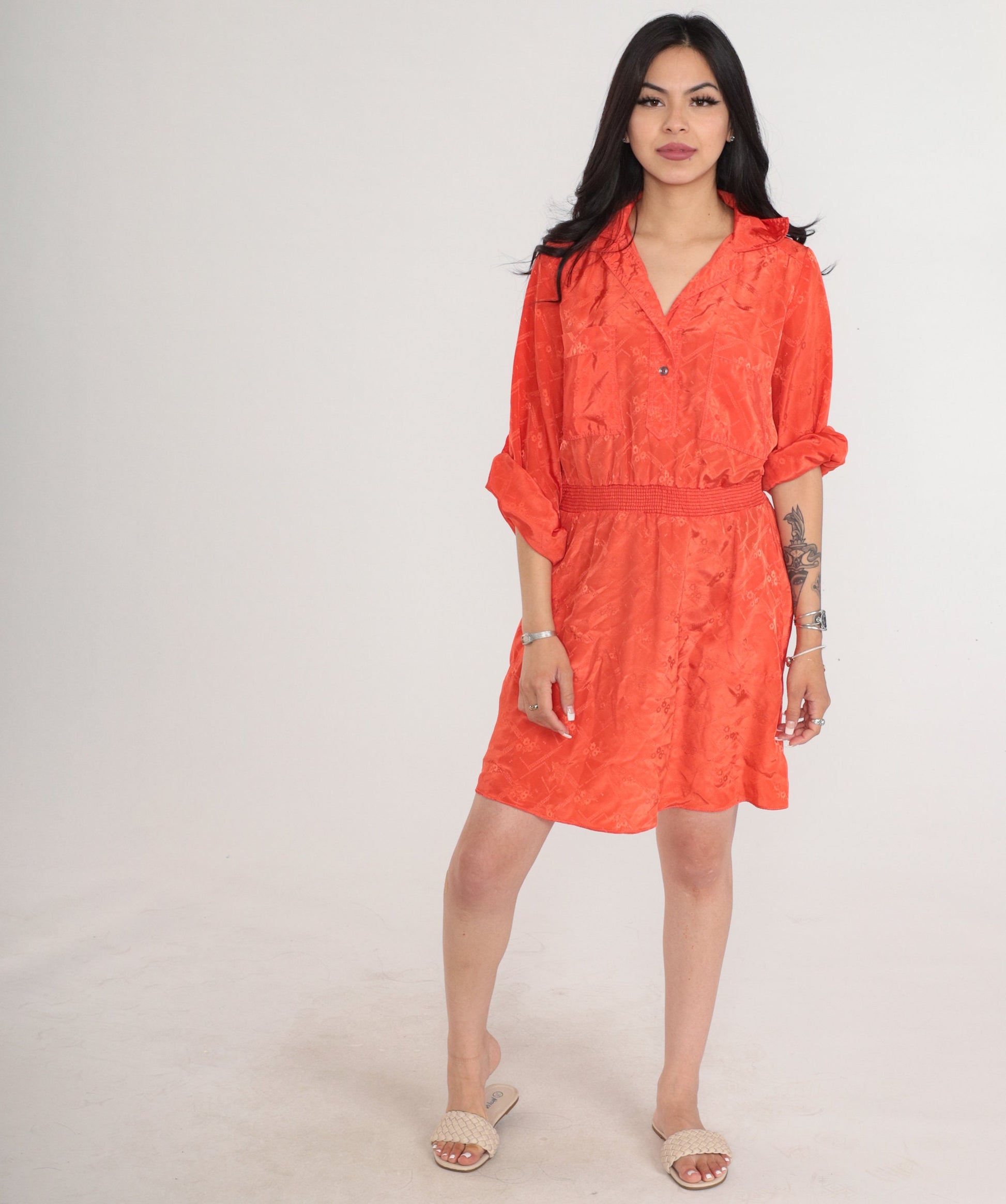 70s Irene Kasmer Orange Floral Blouson Mini Dress Smocked Waist Medium M