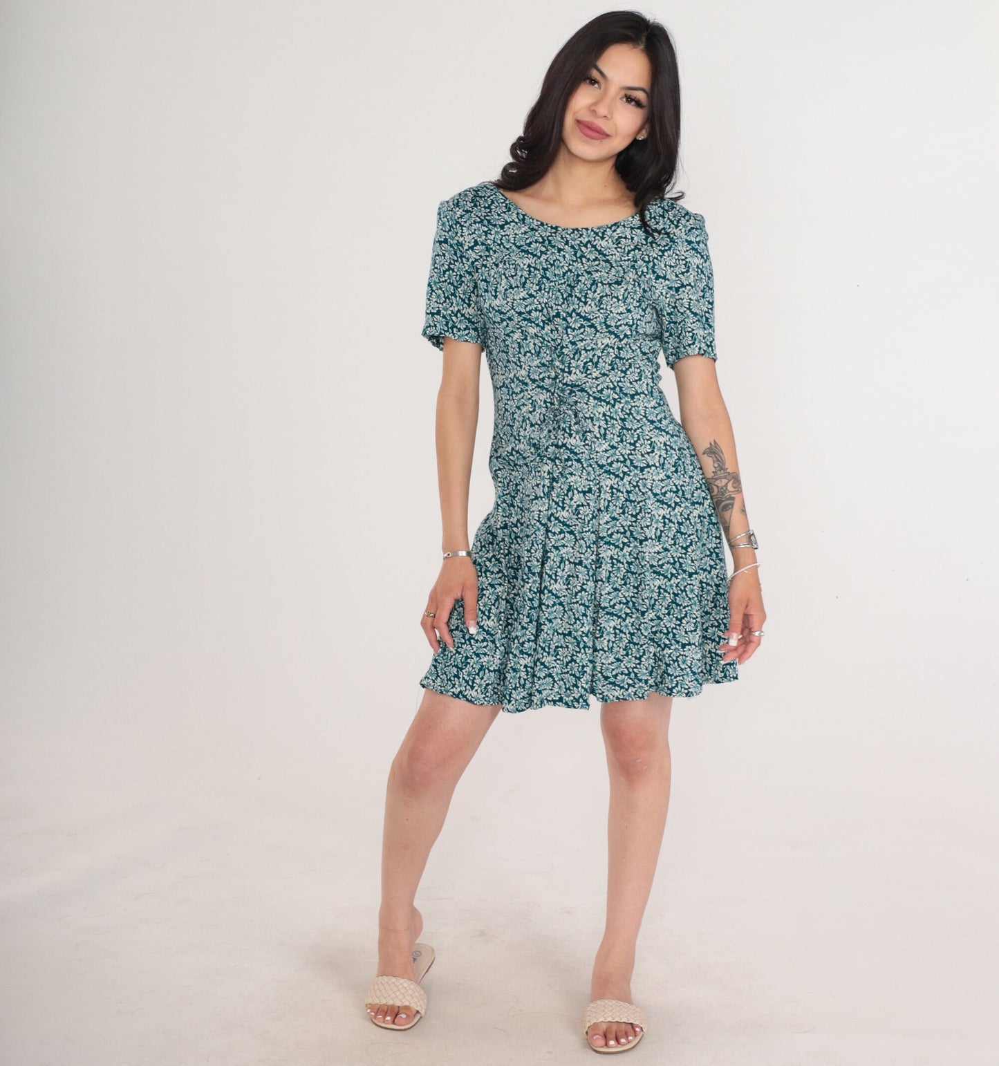 90s Blue Green Ditsy Floral Mini Dress Lace Up Corset Short Sleeve Medium