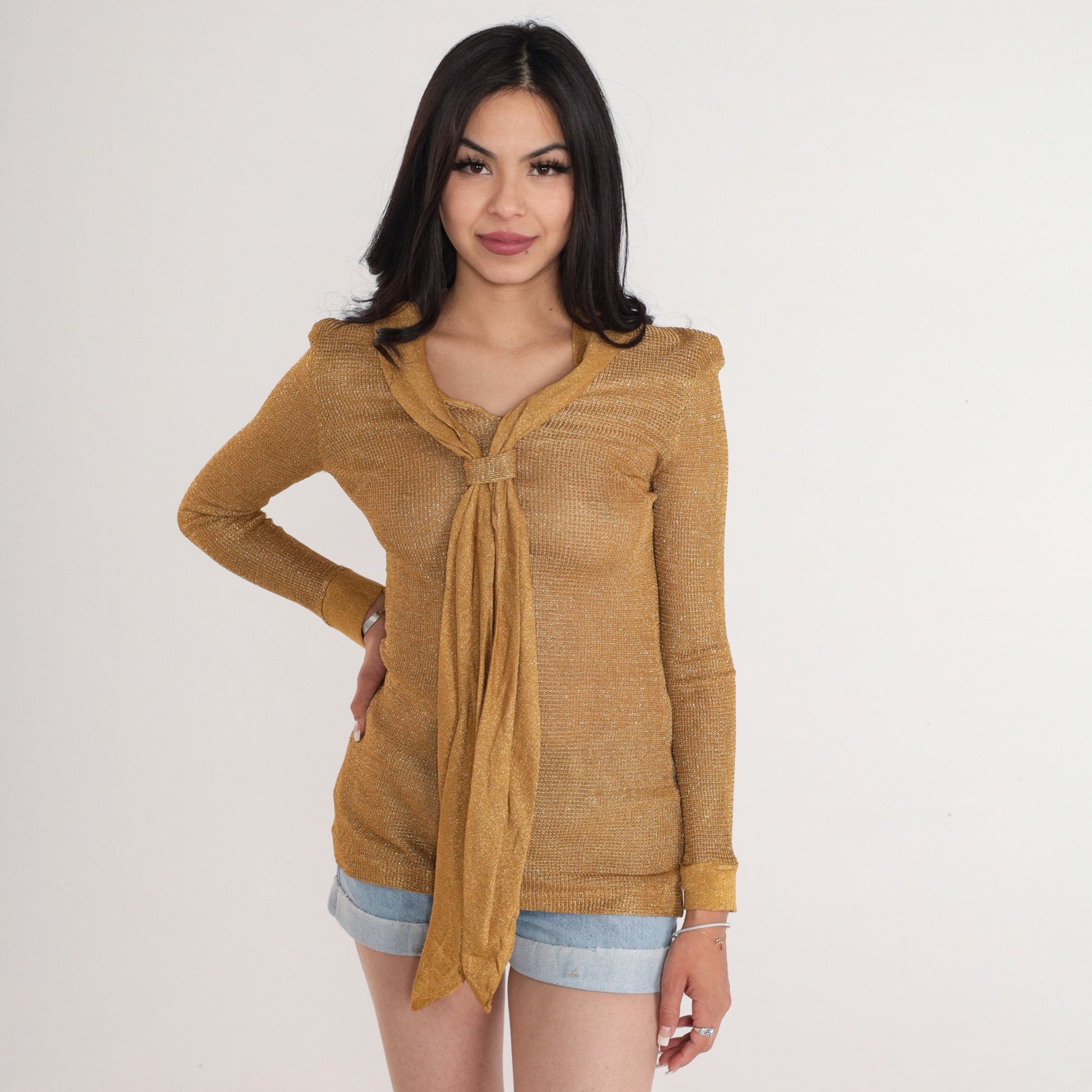 60s Alex Colman Metallic Gold Necktie Blouse Long Sleeve XS