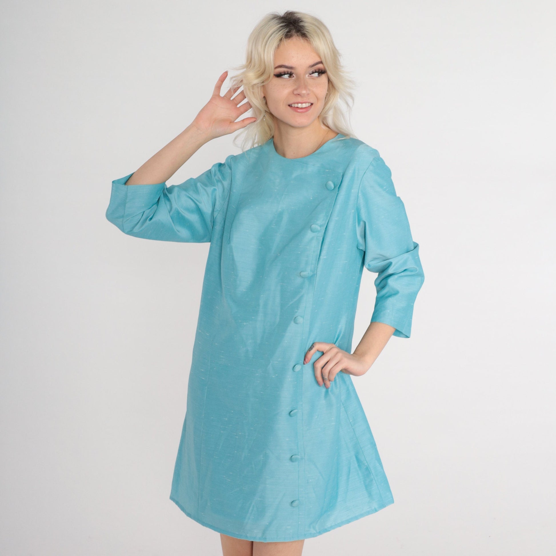 60s Blue Mod Mini Dress Button Front Long Sleeve Shift Dress Large L