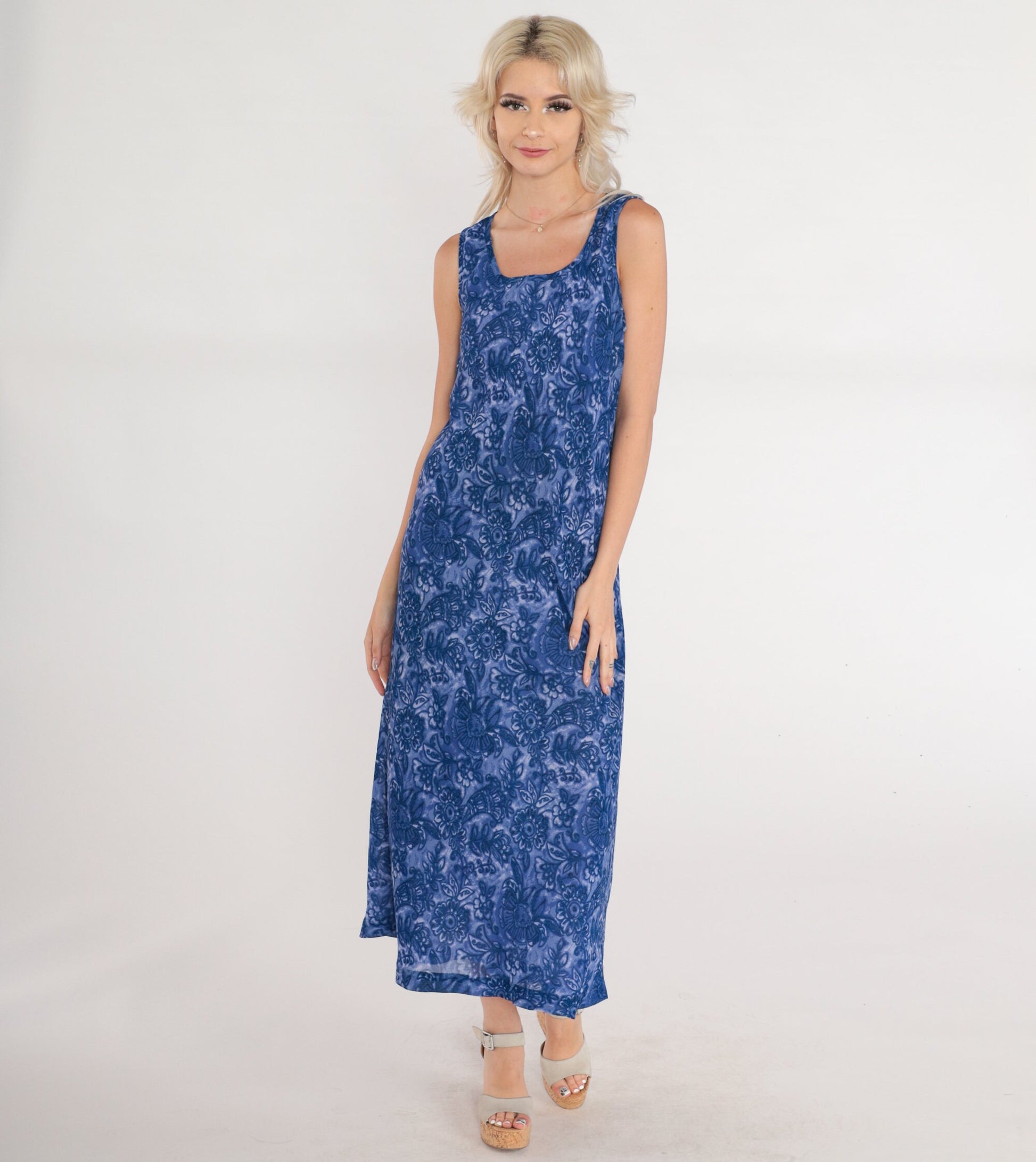90s Floral Maxi Dress Purple Blue Sleeveless Scoop Neck Tank Medium