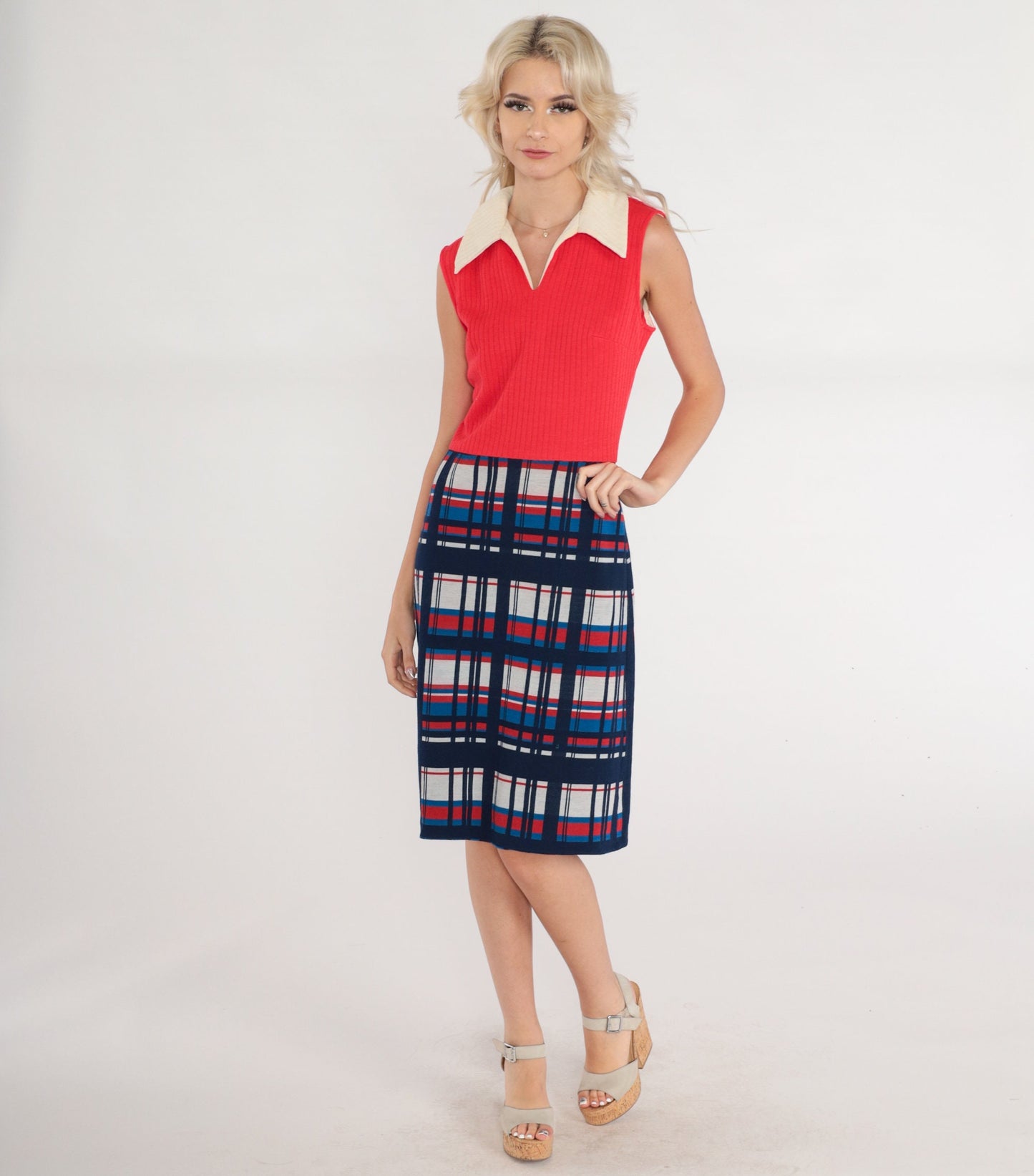 60s Bleeker Street Red Plaid Wool Shift Dress Collared Sleeveless Small