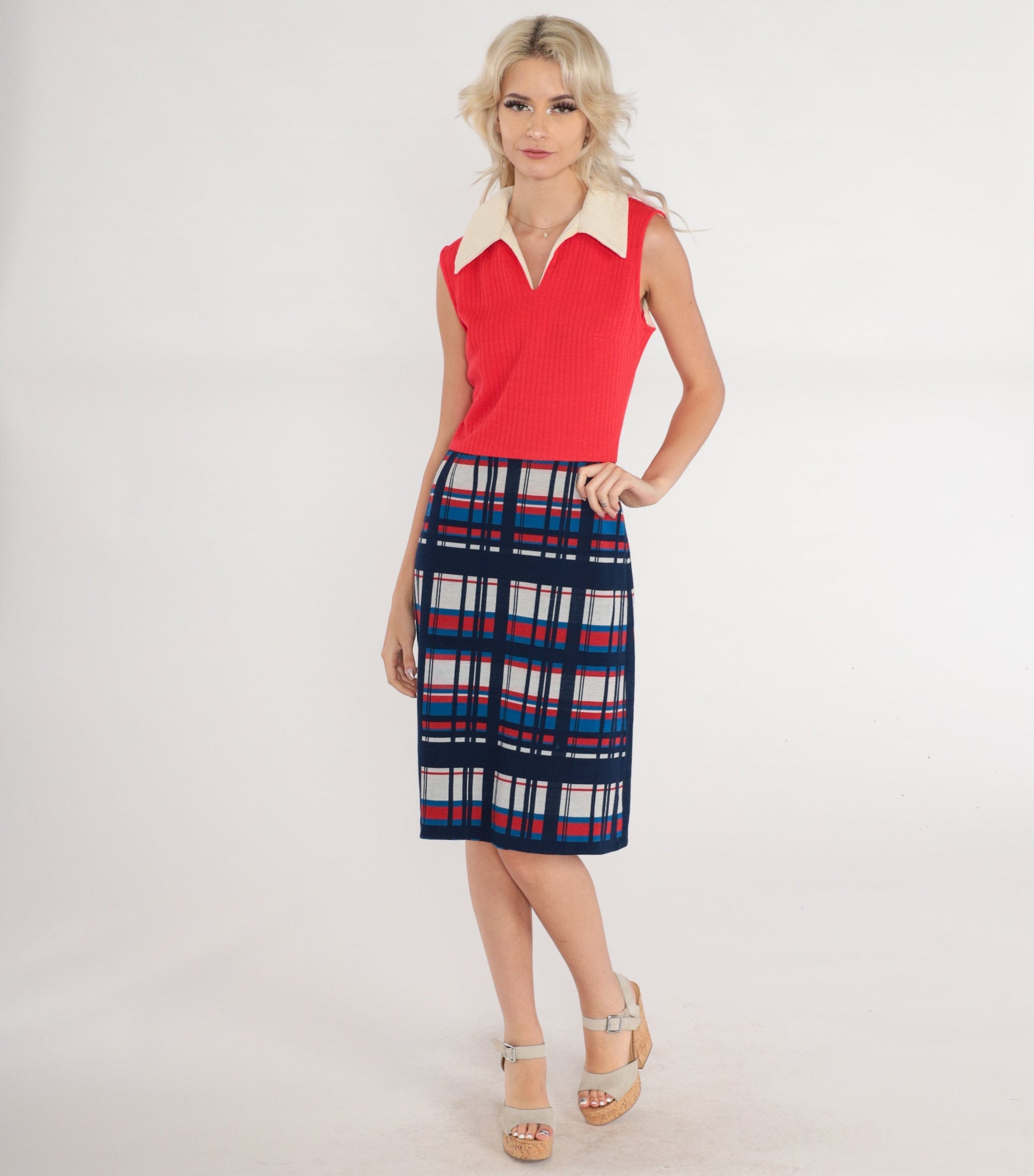60s Bleeker Street Red Plaid Wool Shift Dress Collared Sleeveless Small