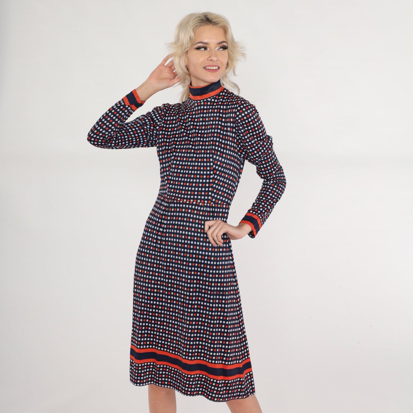 1960s Mod Polka Dot Dress Navy Blue Red White Puff Sleeve Mock Neck Small S