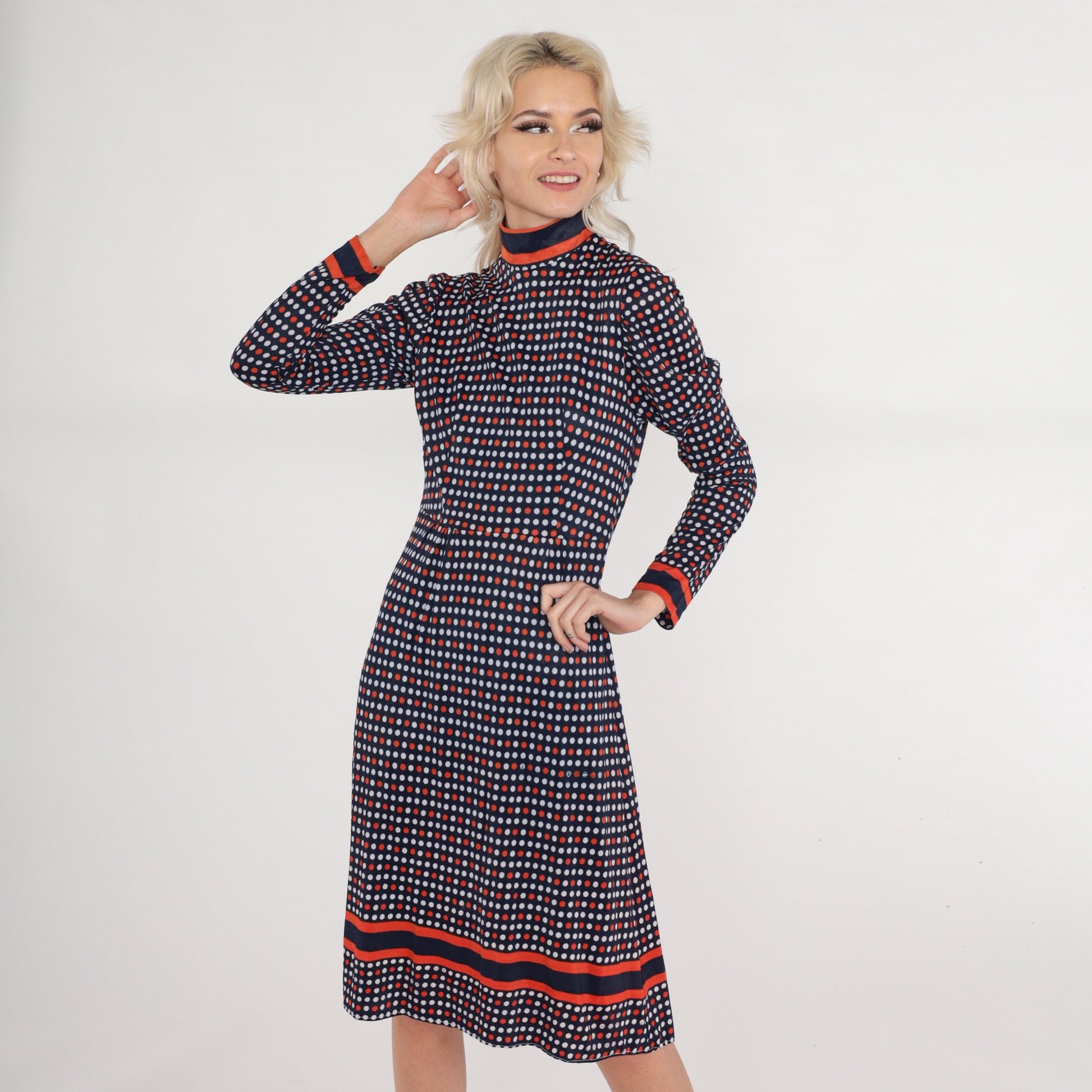 1960s Mod Polka Dot Dress Navy Blue Red White Puff Sleeve Mock Neck Small S