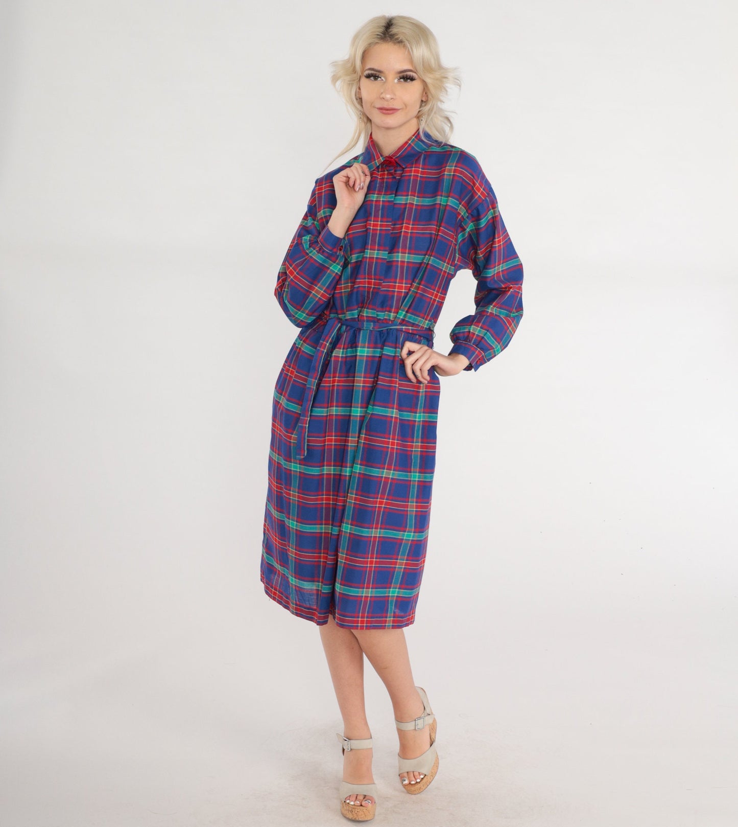 80s Plaid Button-Up Midi Dress High Waist Collared Shirtdress Blue Red Green Medium