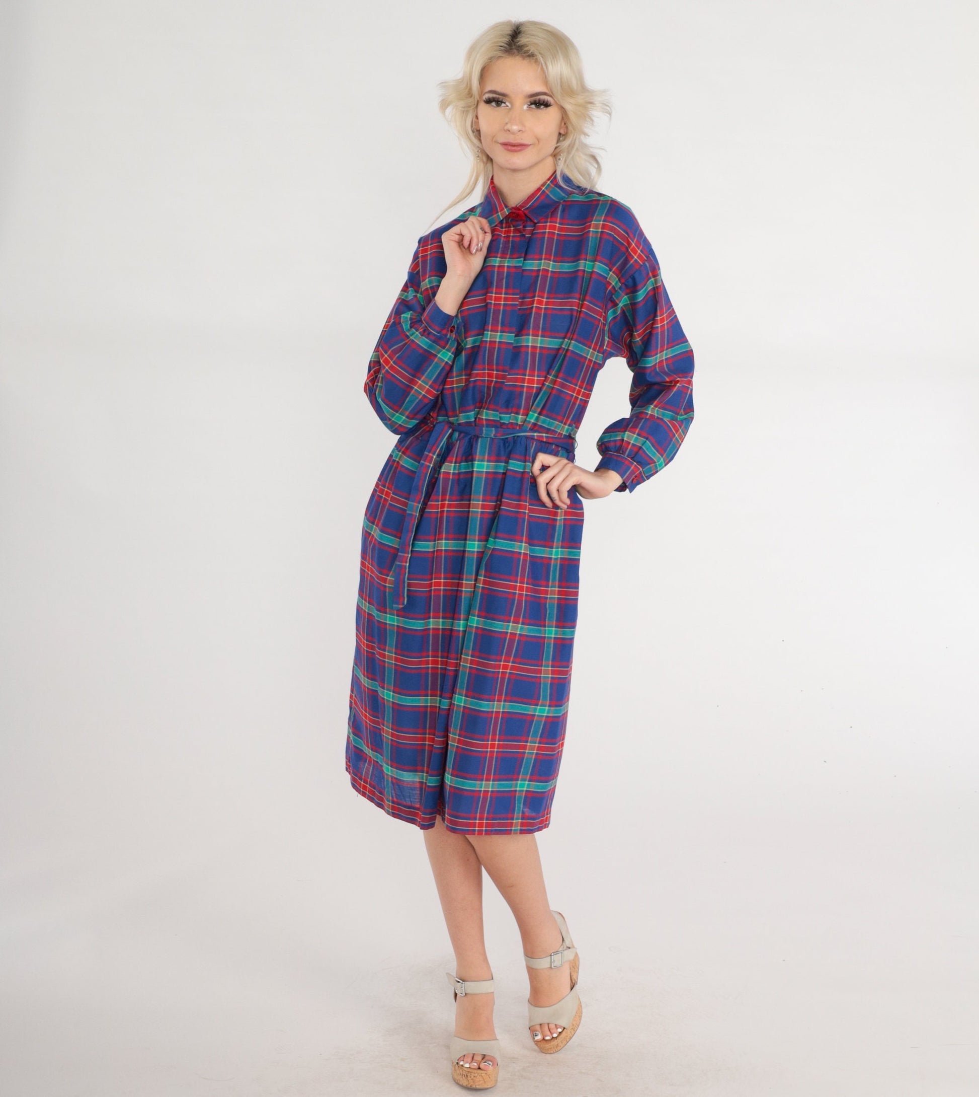 80s Plaid Button-Up Midi Dress High Waist Collared Shirtdress Blue Red Green Medium