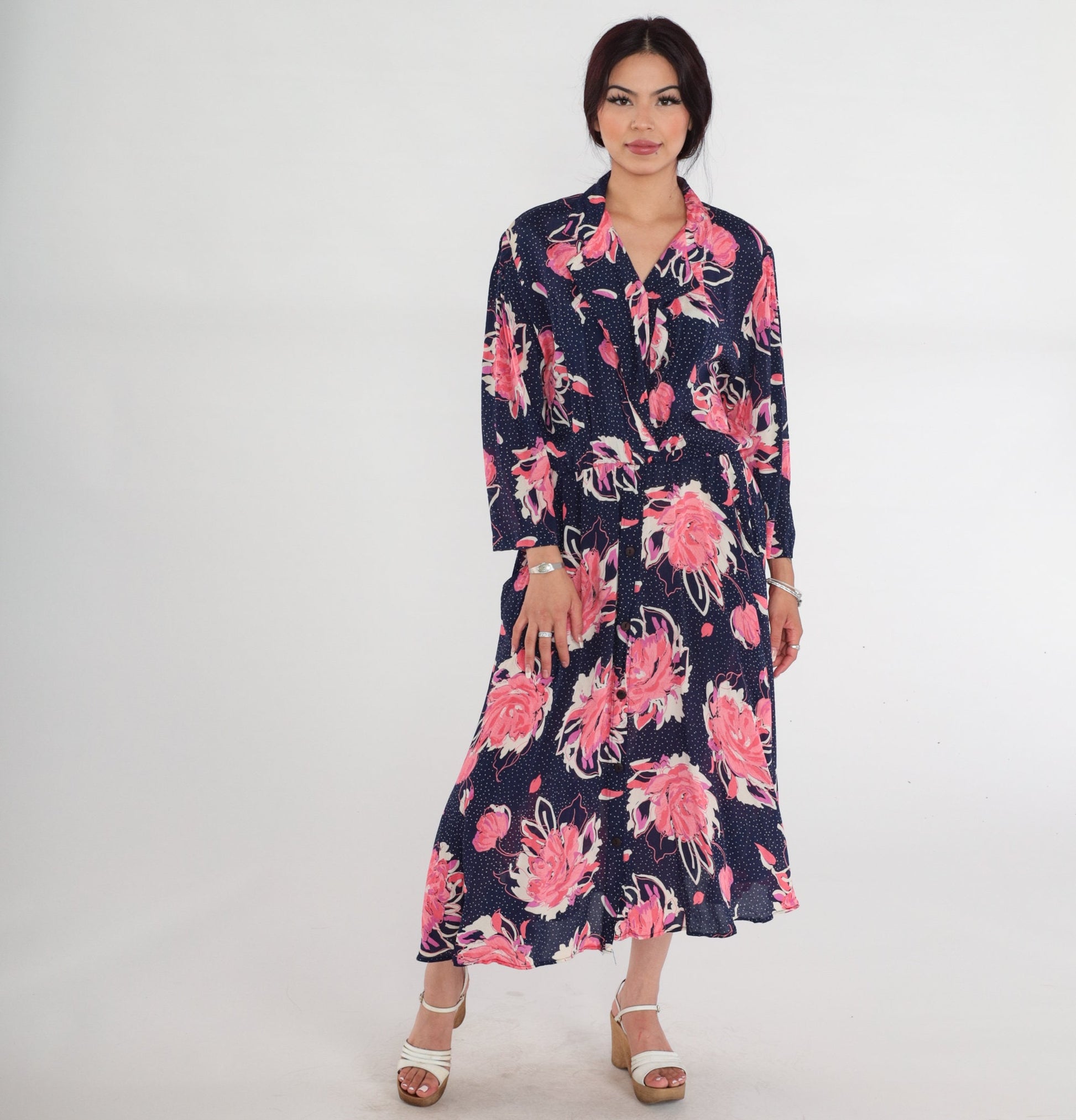 80s Navy Floral Polka Dot Midi Wrap Dress Collared V-Neck 3/4 Sleeve Medium