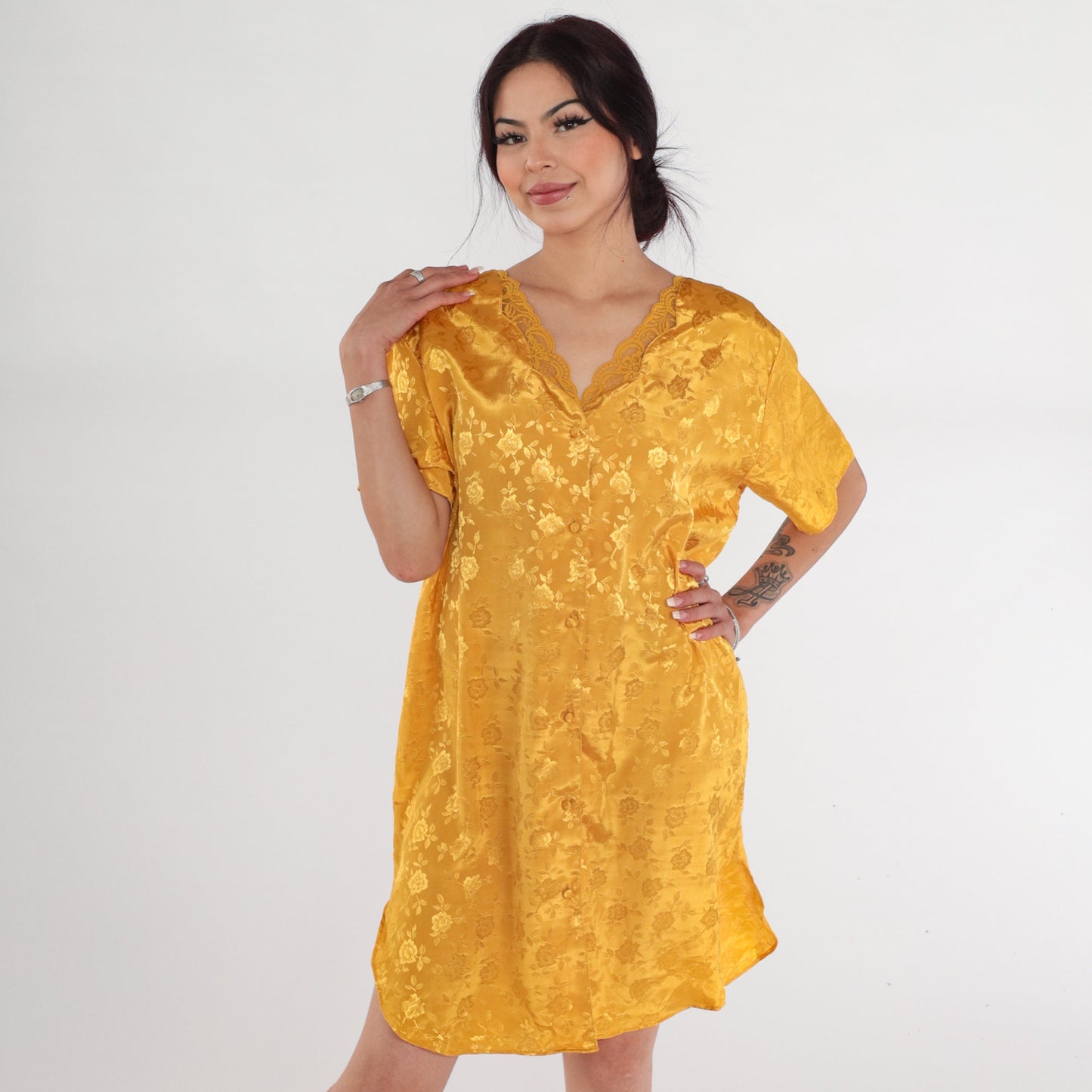 90s Yellow Satin Nightgown Floral Embossed Mini Lace Trim Button-Up Large