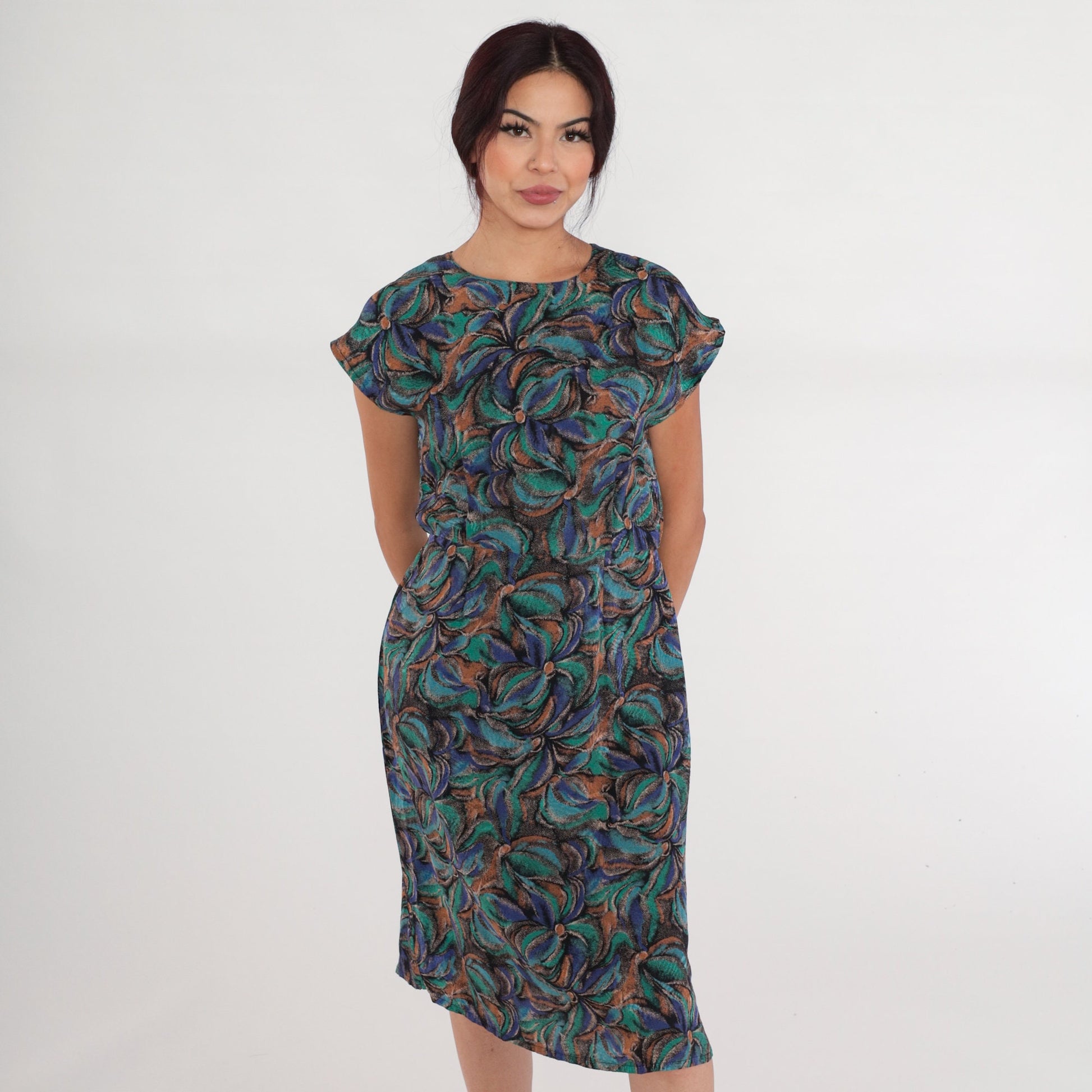 80s Silk Floral Midi Dress Cap Sleeve High Waist Abstract Print Small