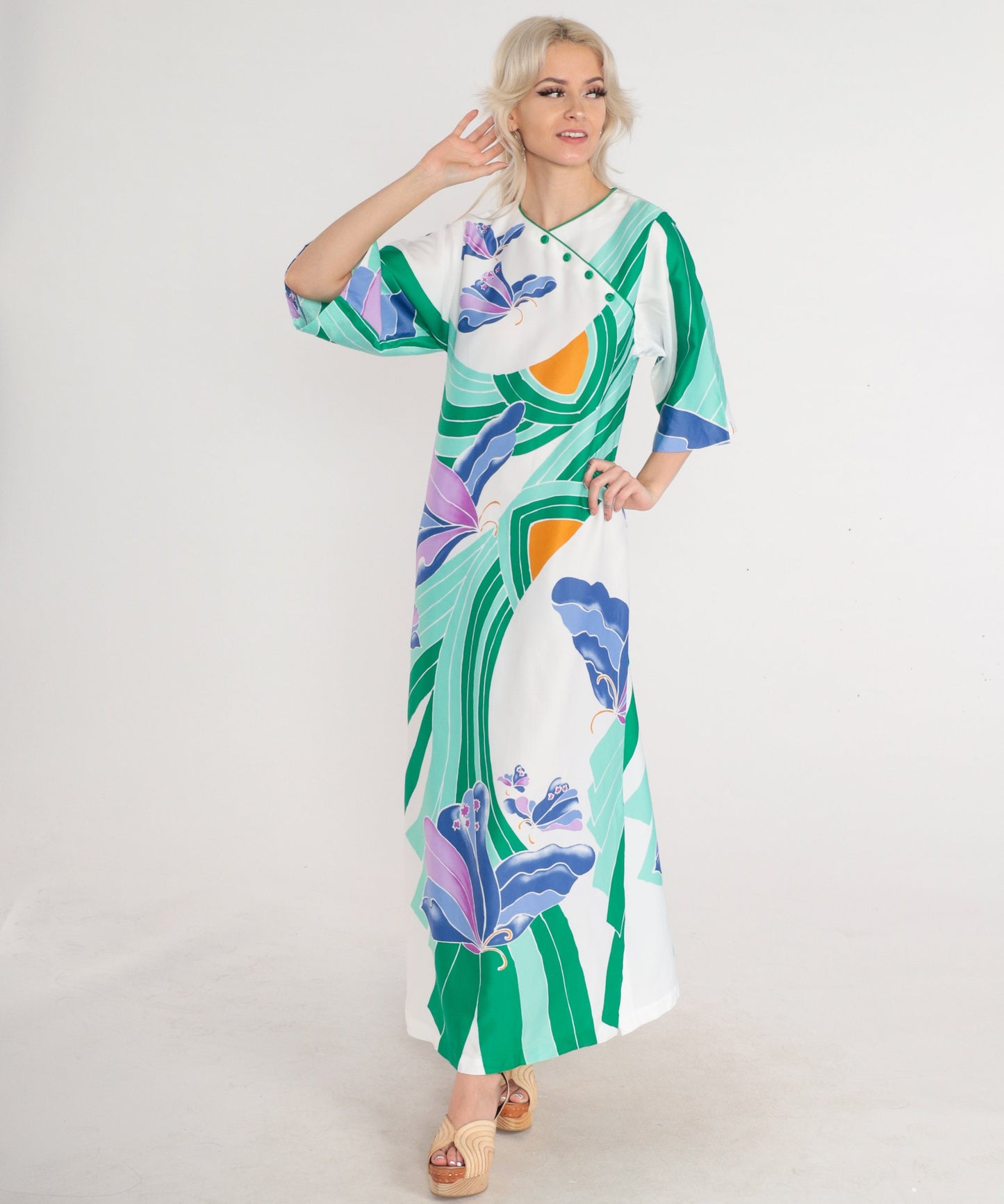 70s Butterfly Maxi Dress White Green Purple Psychedelic Print Button Front XS