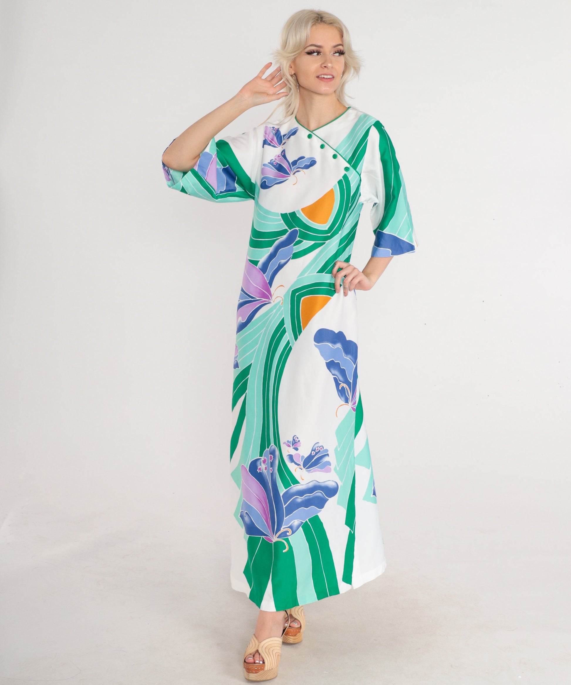 70s Butterfly Maxi Dress White Green Purple Psychedelic Print Button Front XS