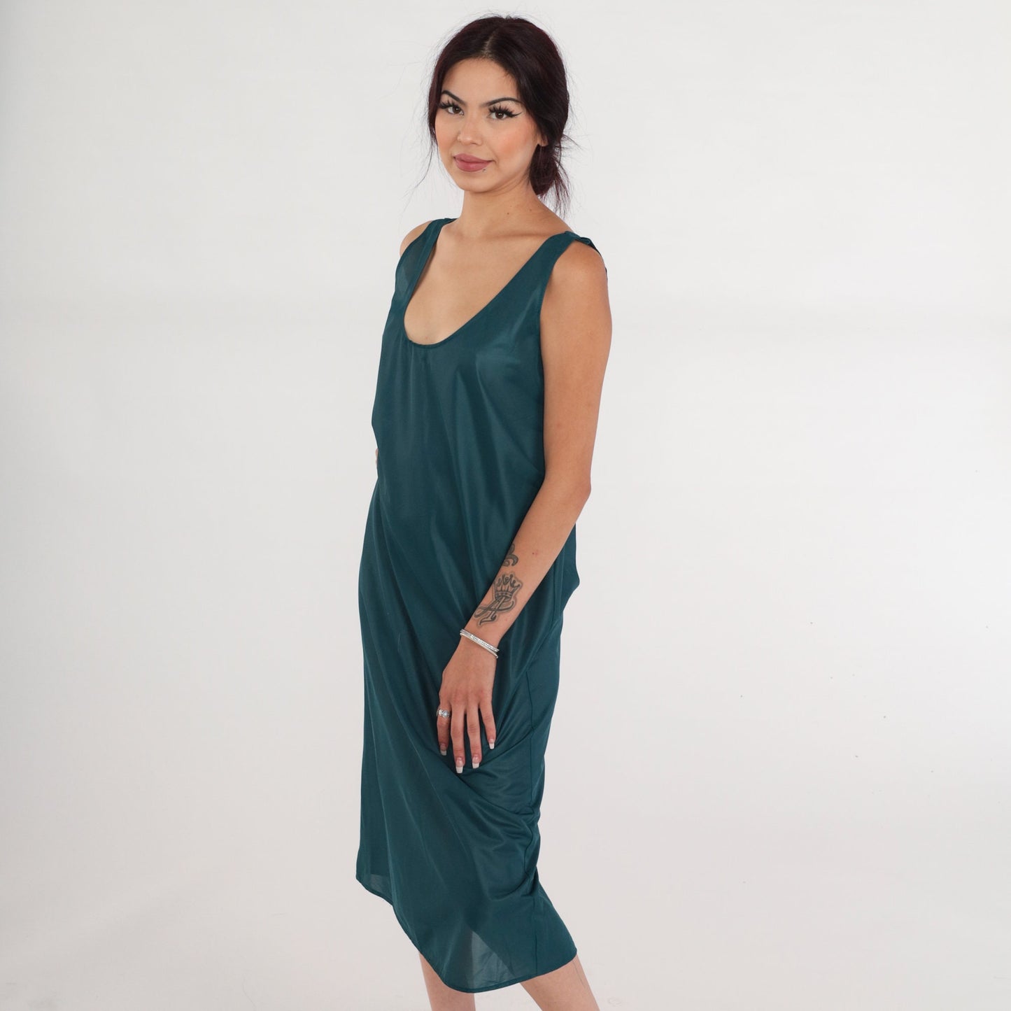 90s Green Semi Sheer Slip Dress Midi Tank Sleeveless Shift Medium