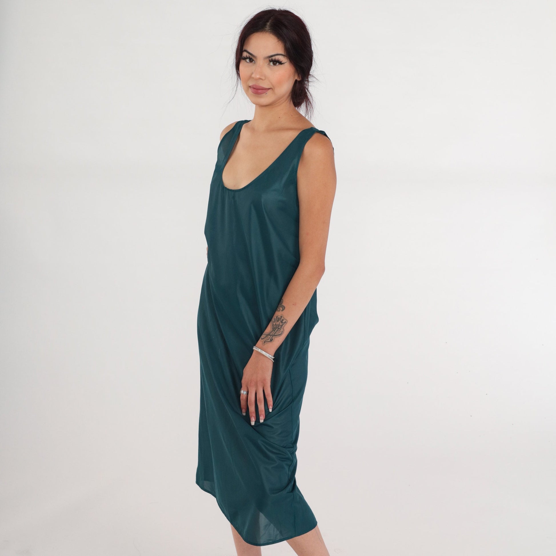 90s Green Semi Sheer Slip Dress Midi Tank Sleeveless Shift Medium
