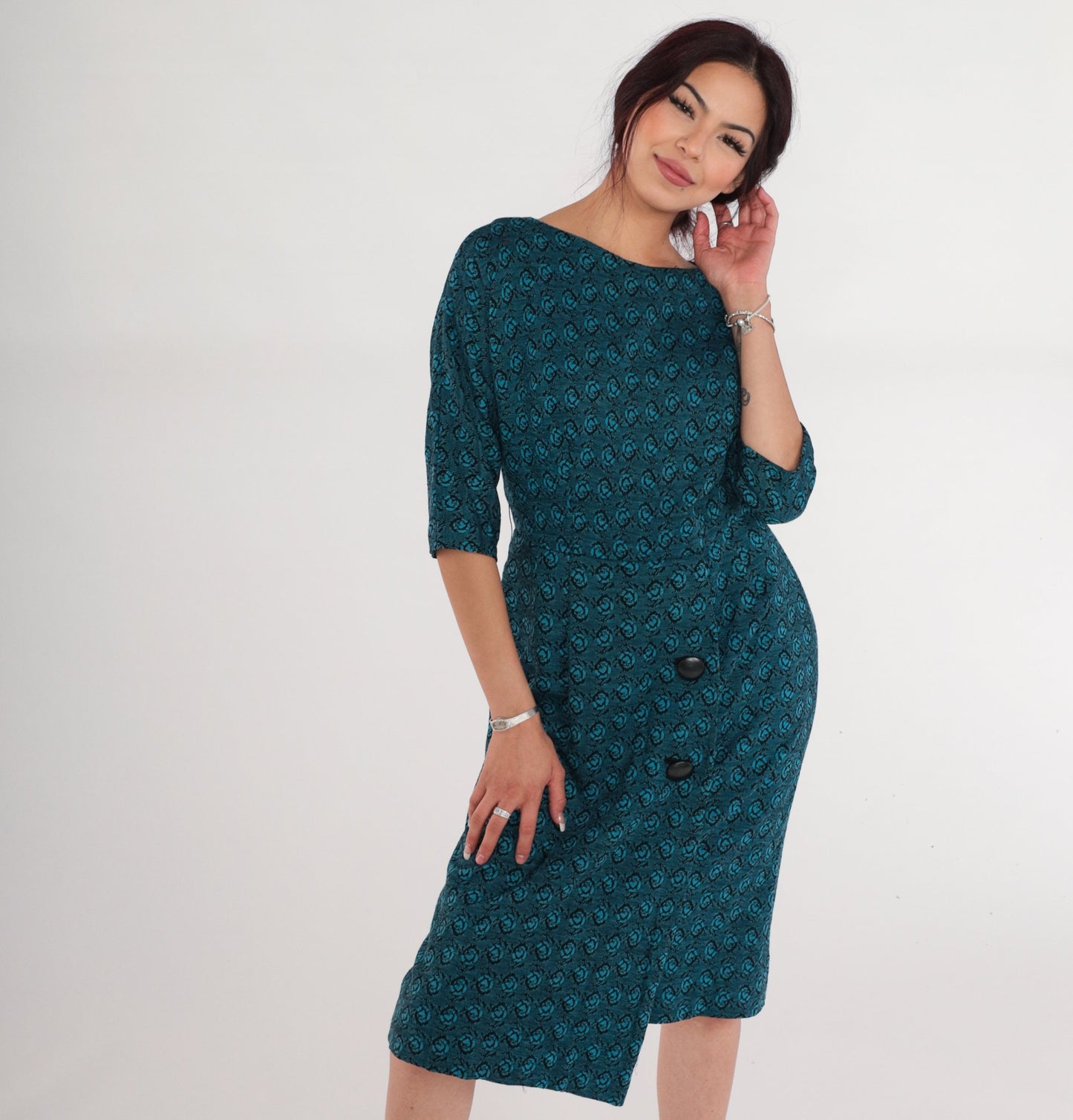 60s Blue Floral Rose Print Wool Blend Midi Dress High Waisted Small