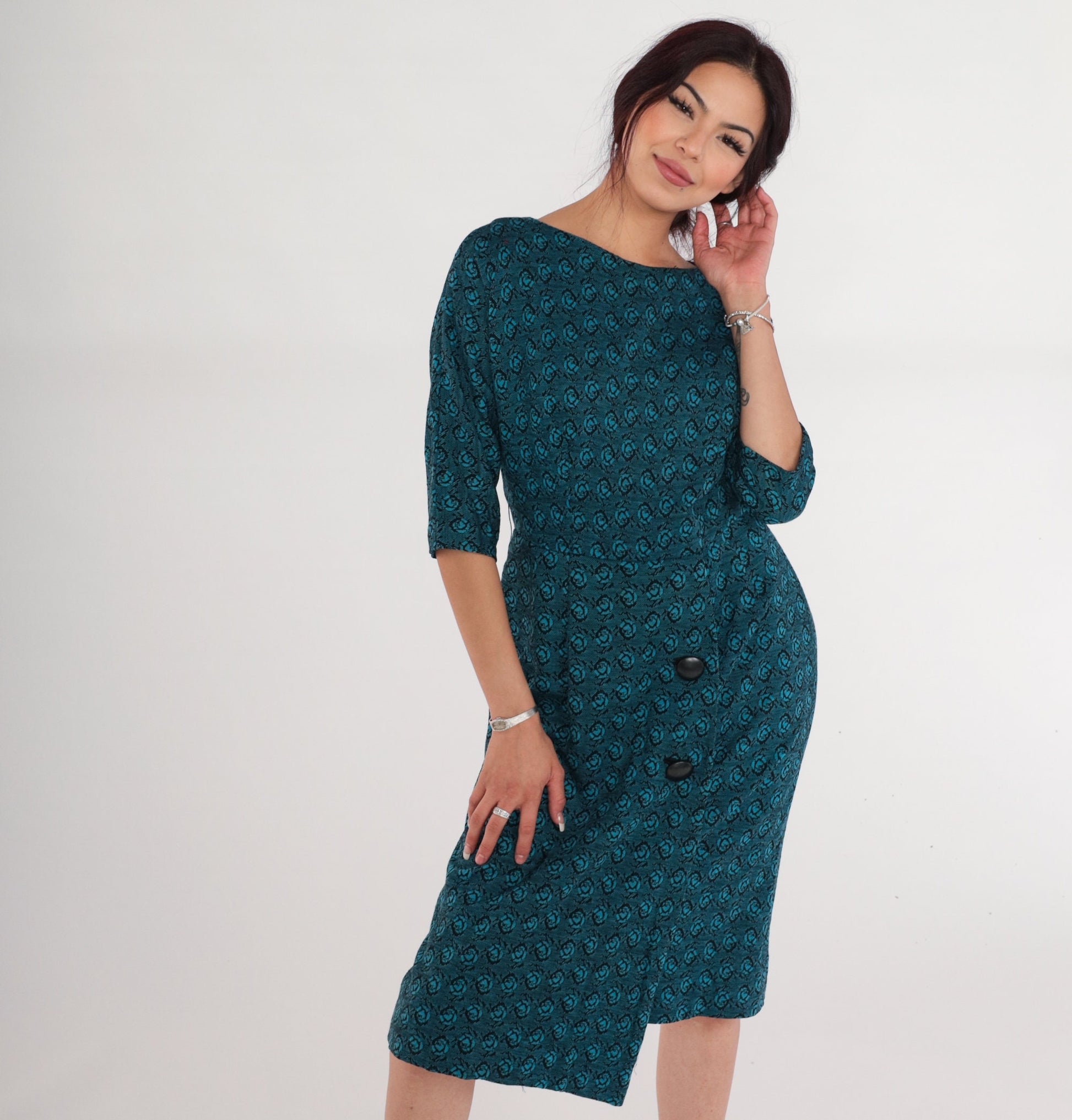 60s Blue Floral Rose Print Wool Blend Midi Dress High Waisted Small